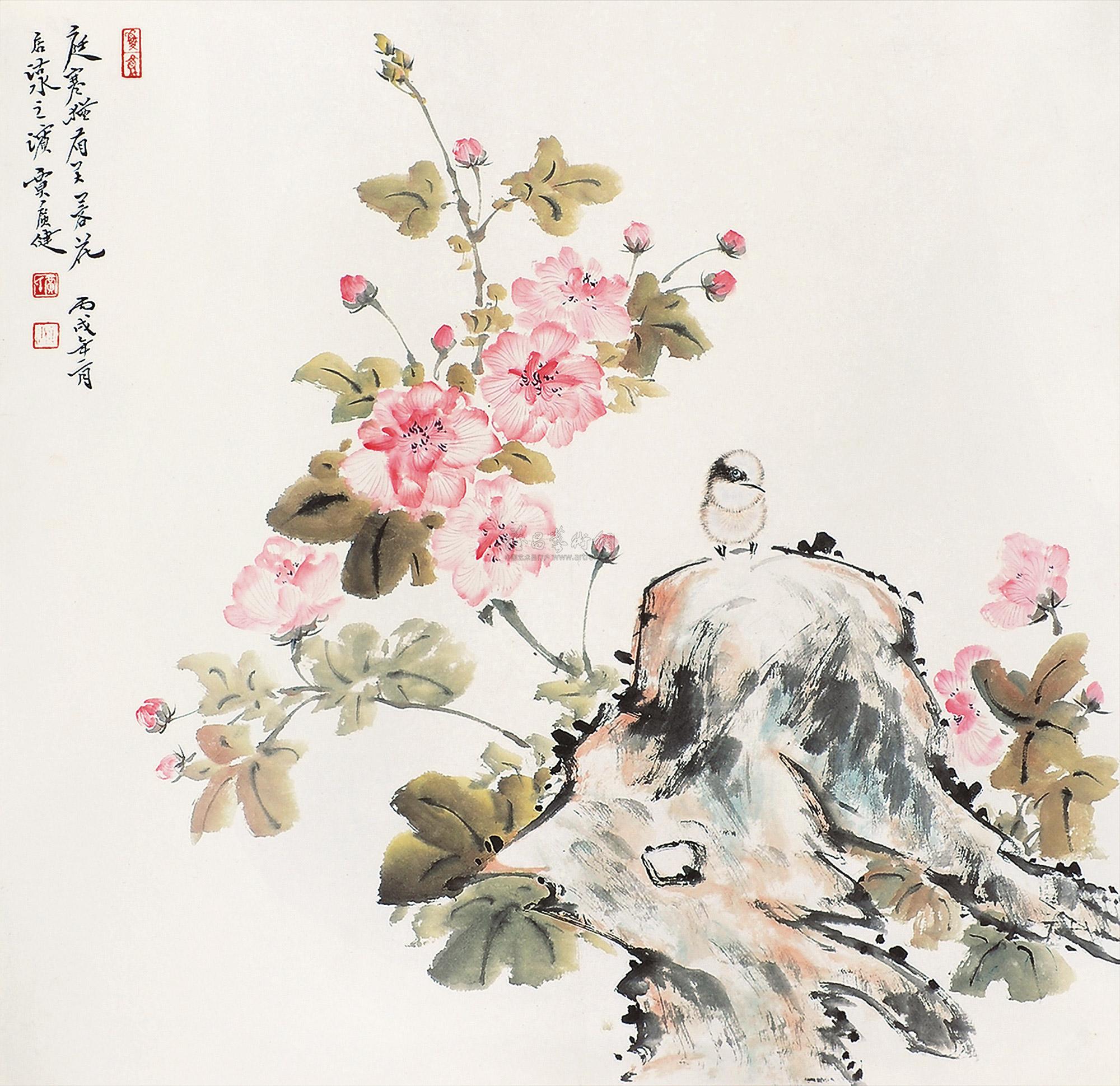 0834 丙戌(2006年)作 芙蓉花鸟 镜片 设色纸本