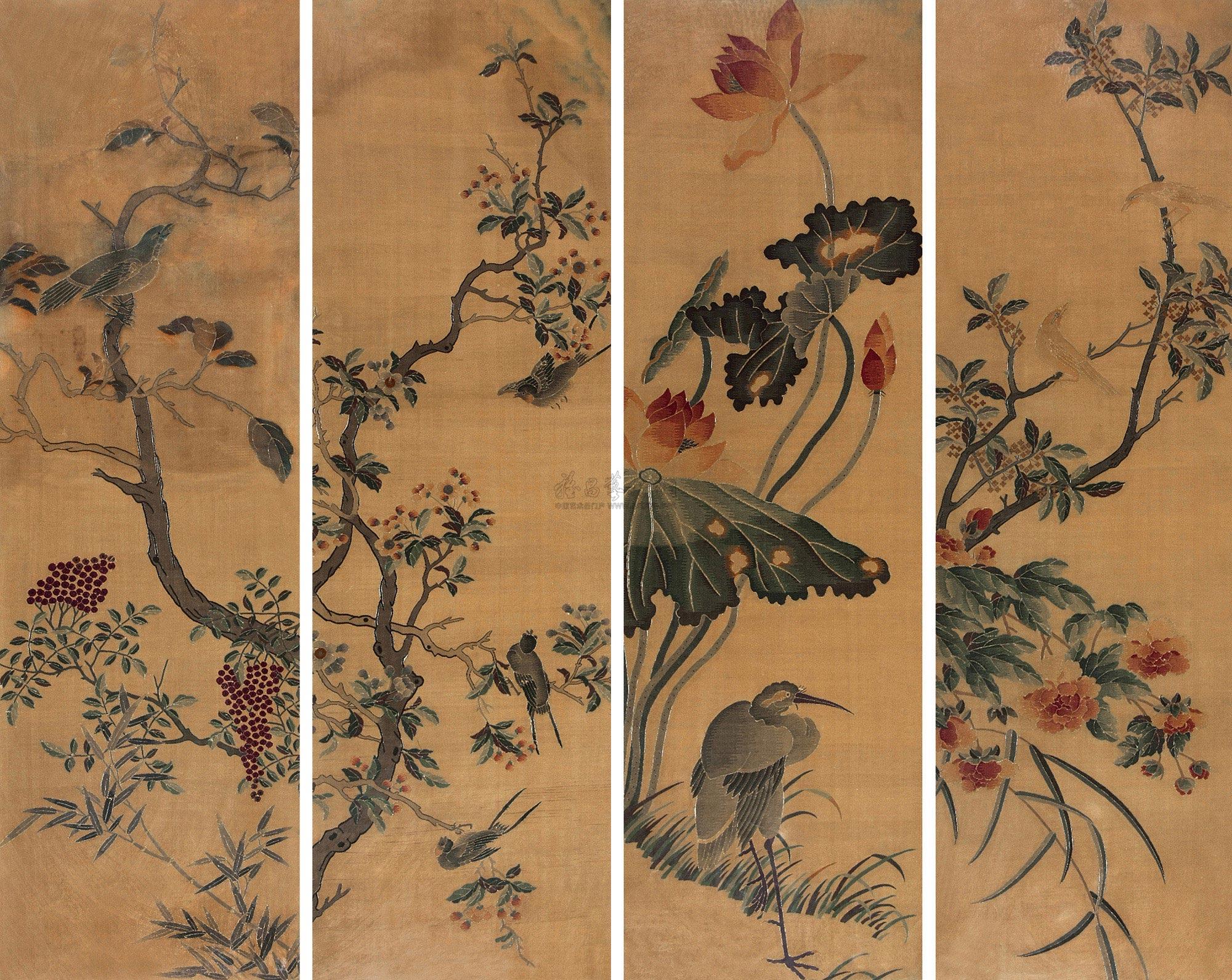 1783 清 缂丝四季花鸟屏 (四件)