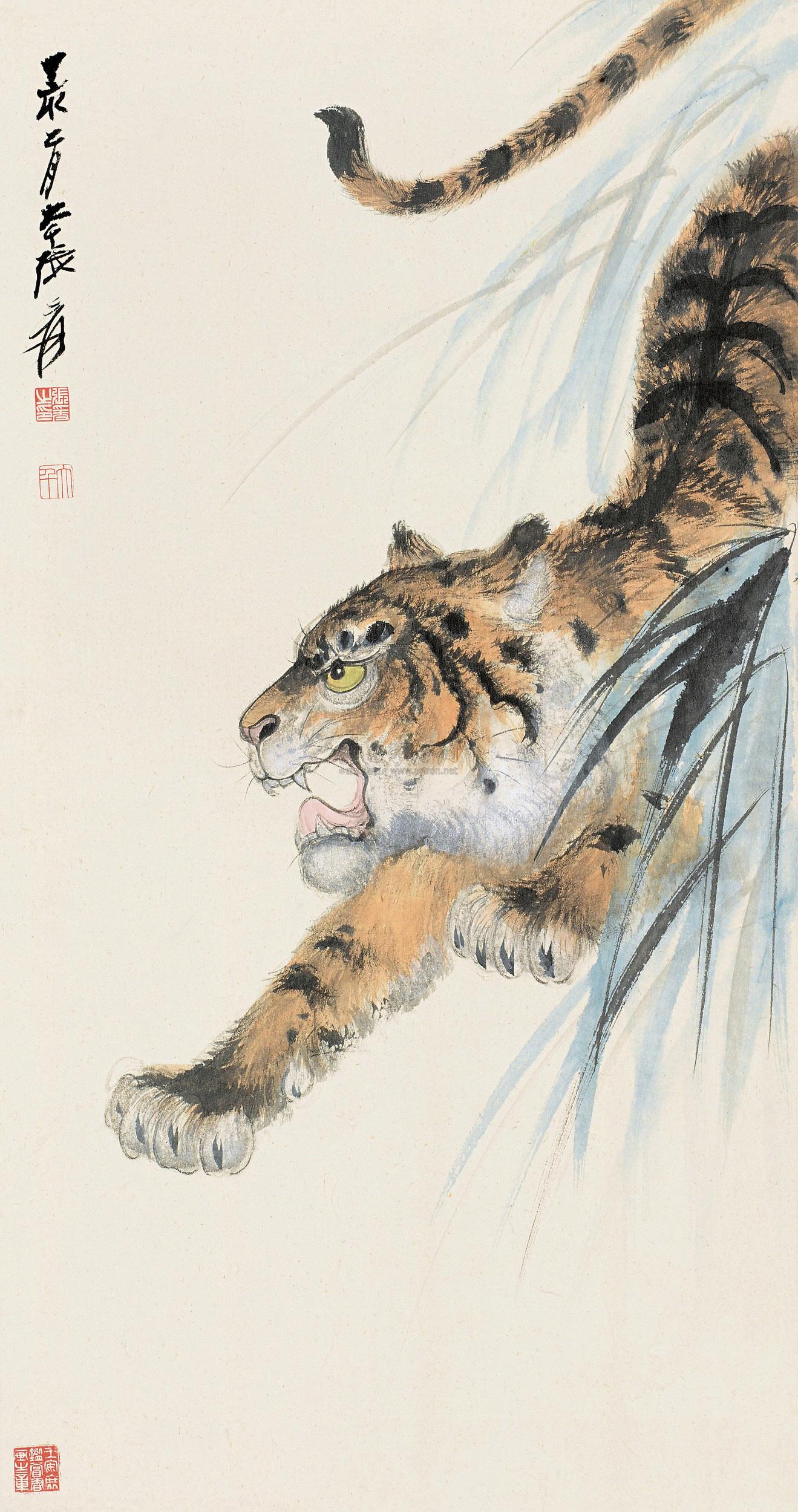 0350 丁亥(1947)年作 虎啸图 立轴 设色纸本