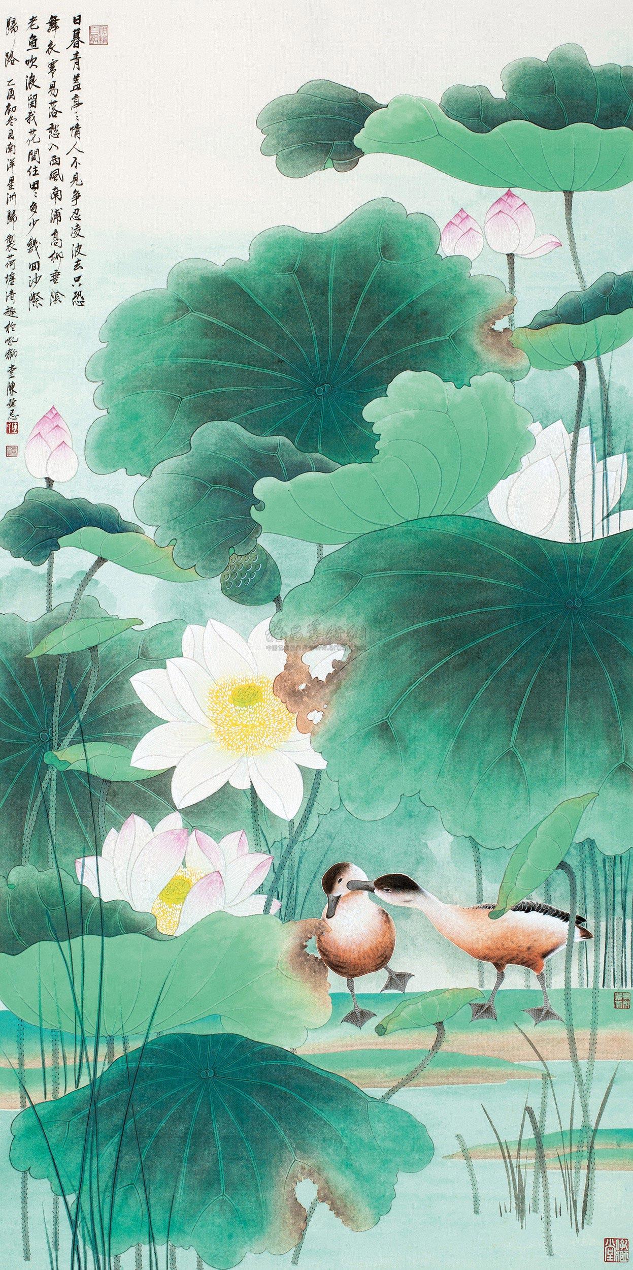 【乙酉(2005年)作 荷塘清趣 立轴 设色纸本】拍卖品_图片_价格_鉴赏