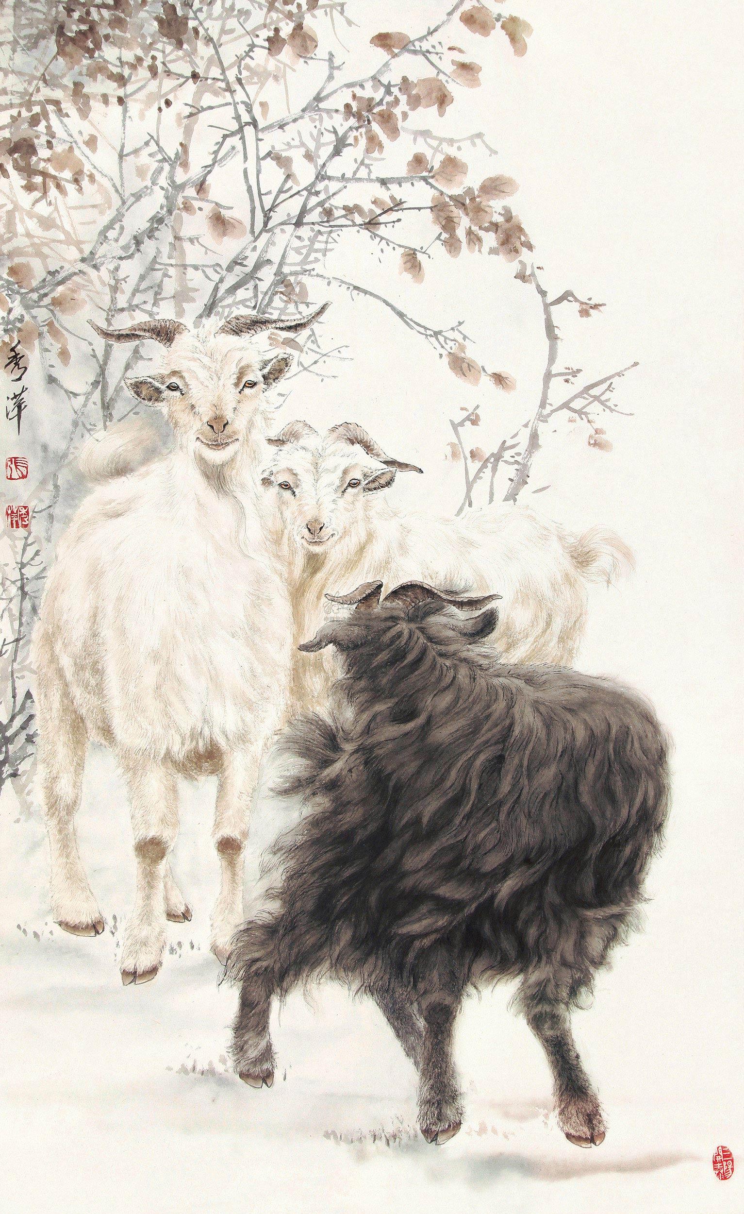 0886 三阳开泰 镜框 设色纸本