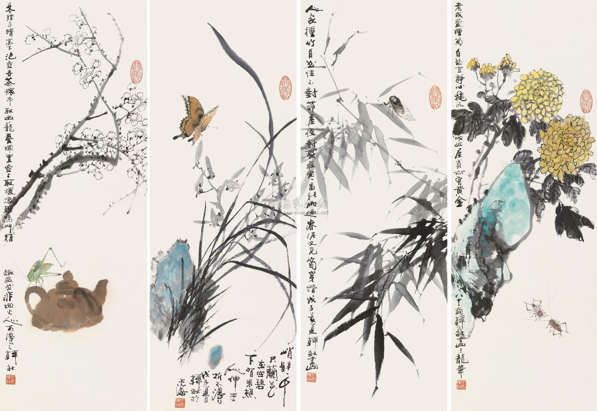 0100 梅兰竹菊 四屏镜心 设色纸本