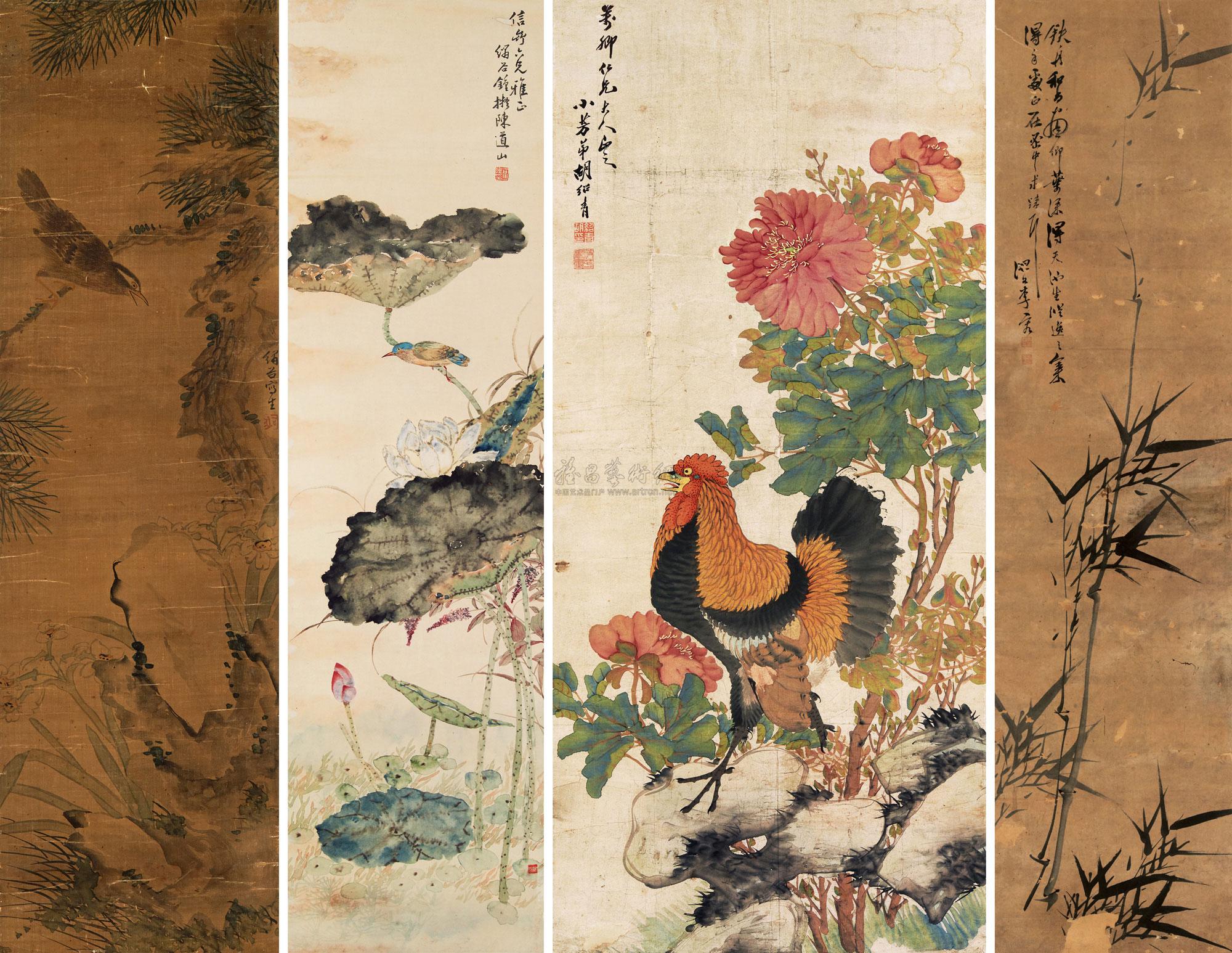 0136 莺啼翠深处 莲塘翠鸟 雄鸡芙蓉 墨竹 立轴 设
