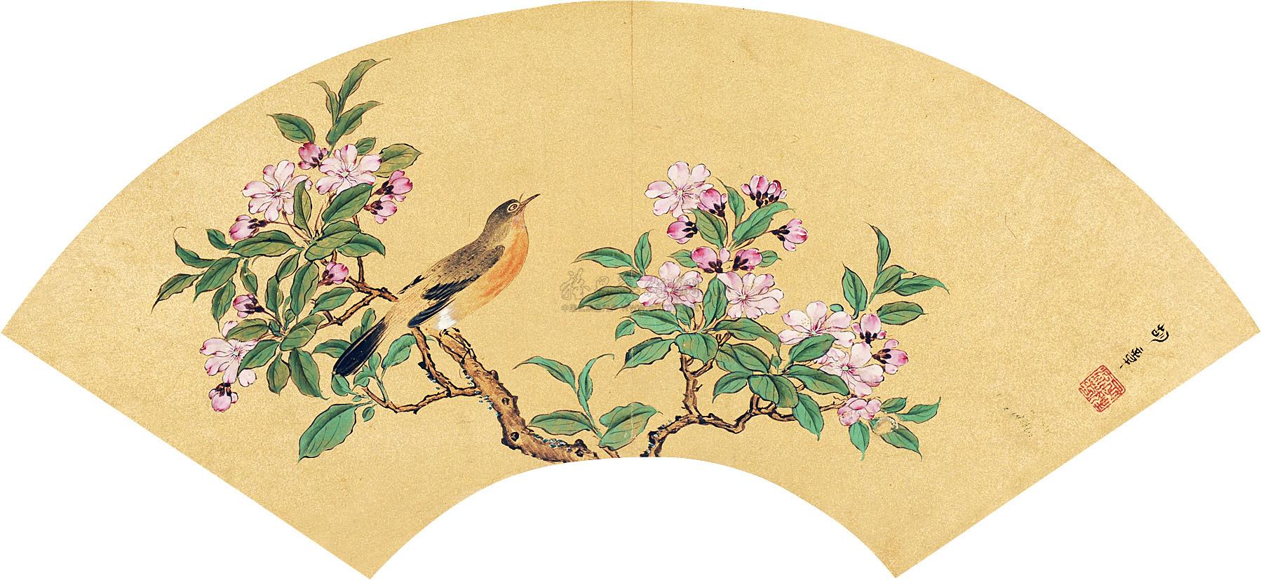 0050 桃花小鸟 扇片 设色泥金