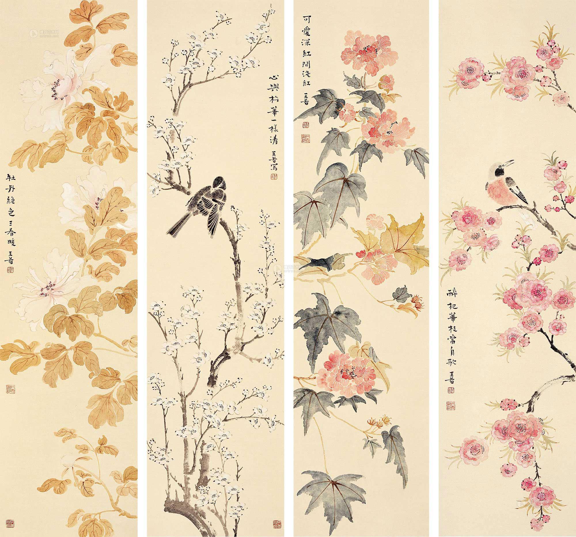0314 花鸟 四条屏镜框 设色纸本