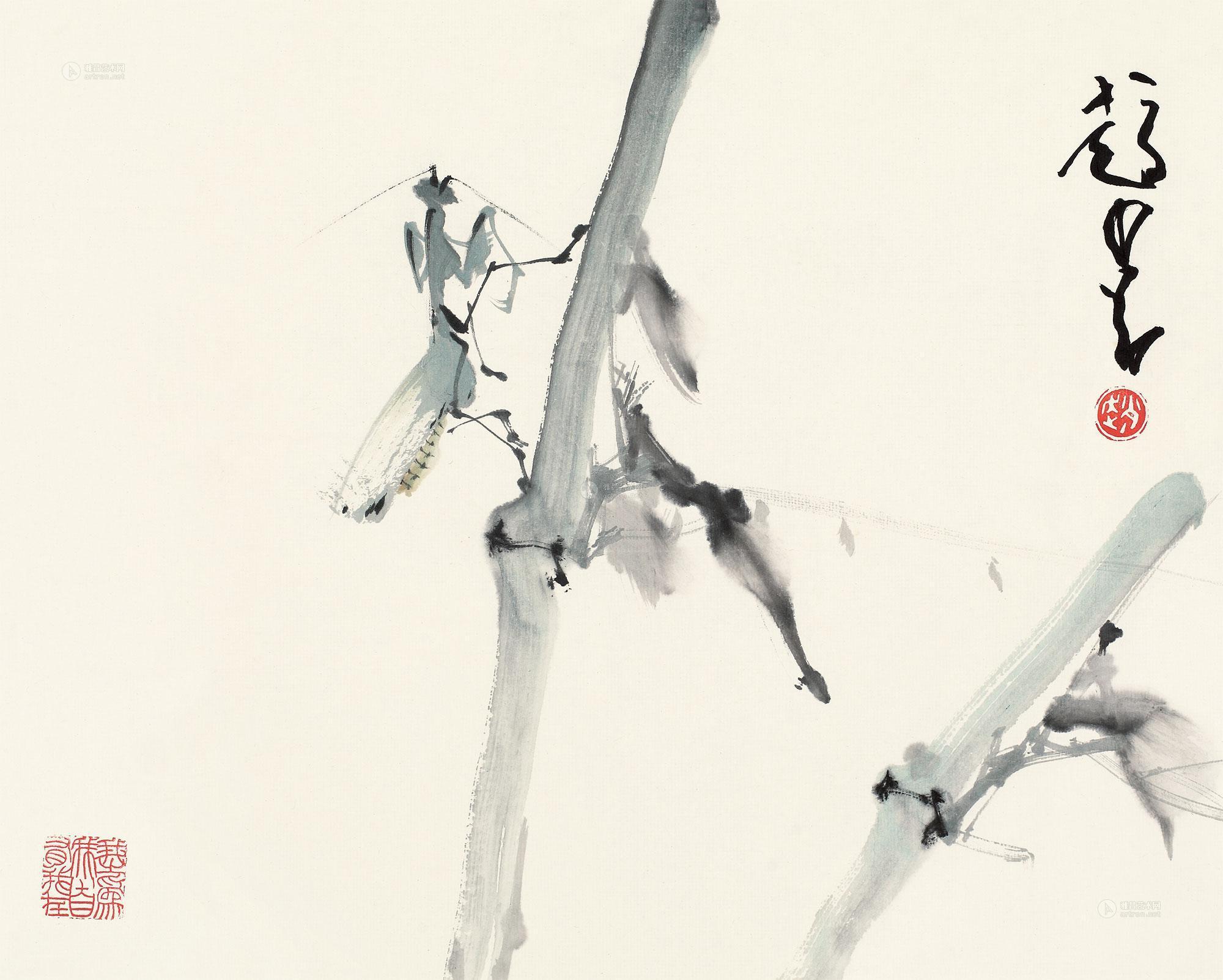 0039 螳螂 镜片 设色纸本