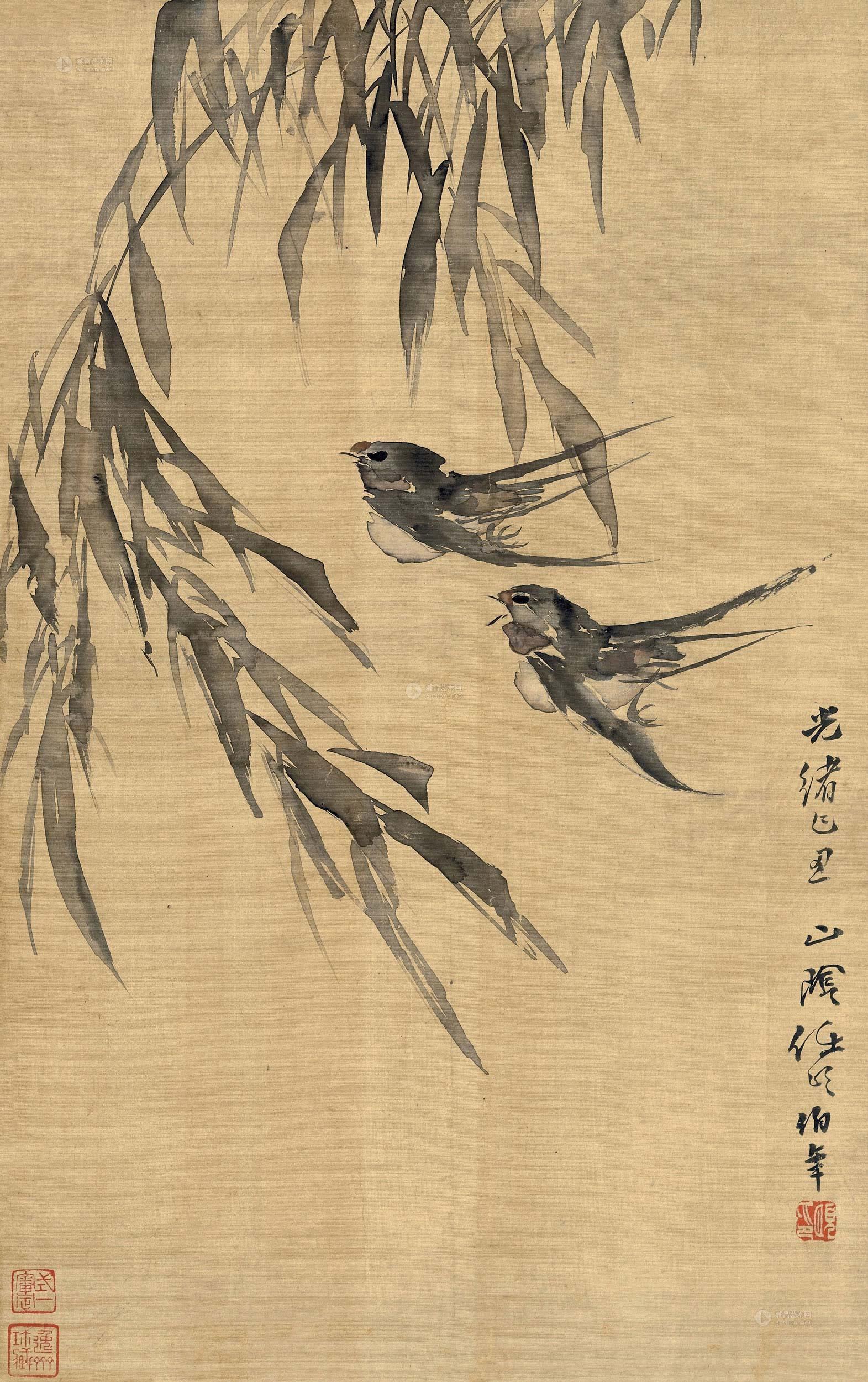 0356 1889年作 春柳双燕 镜片 绢本