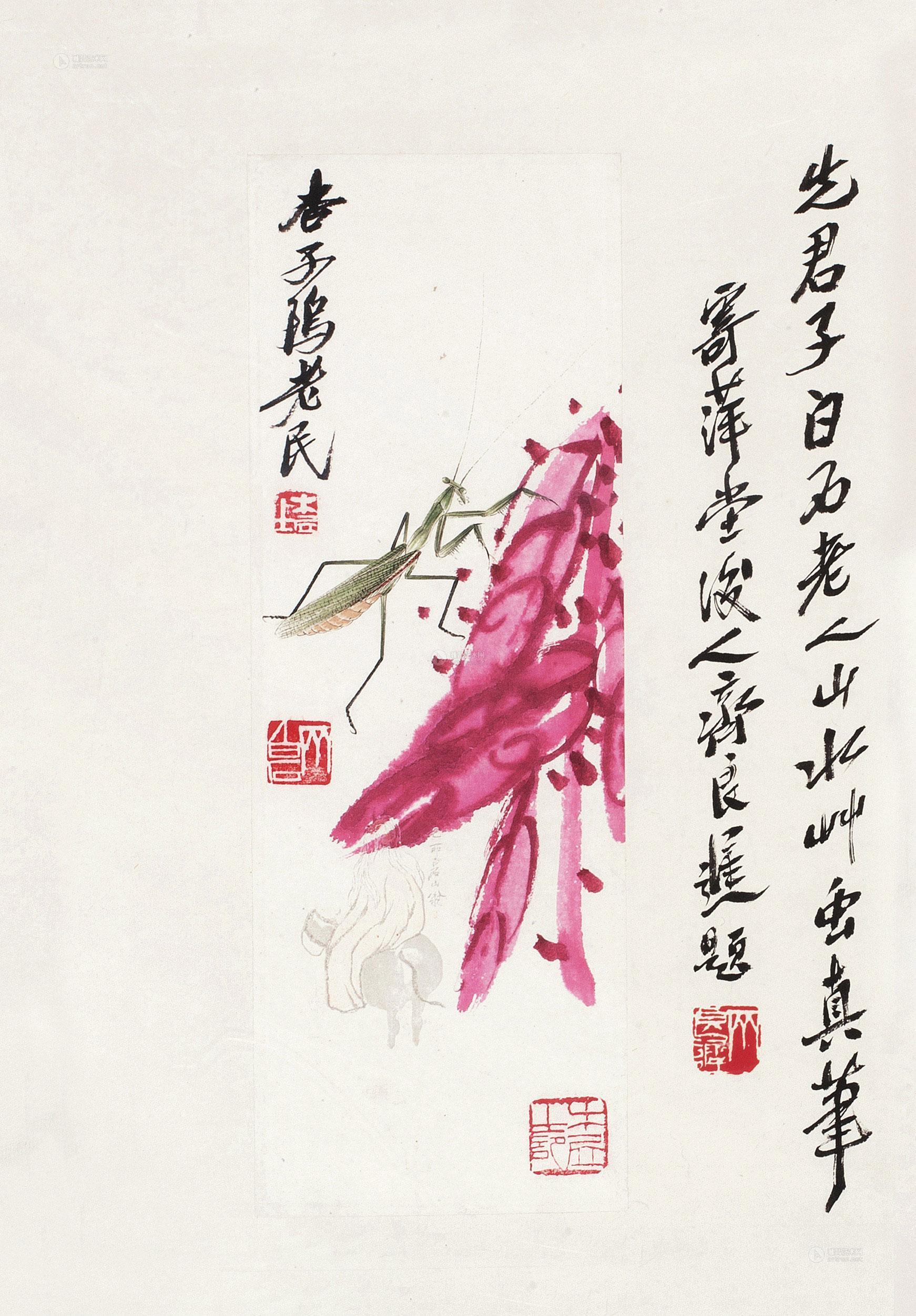 0088 红叶草虫 镜心 设色纸本