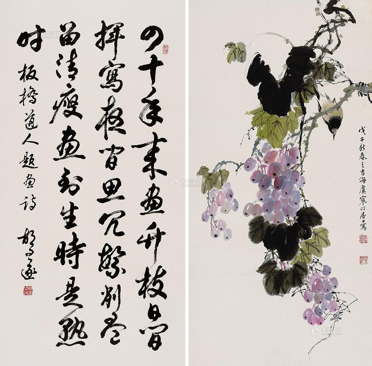 0167 葡萄小鸟 行书-郑板桥诗 (两幅) 立轴 设色纸本
