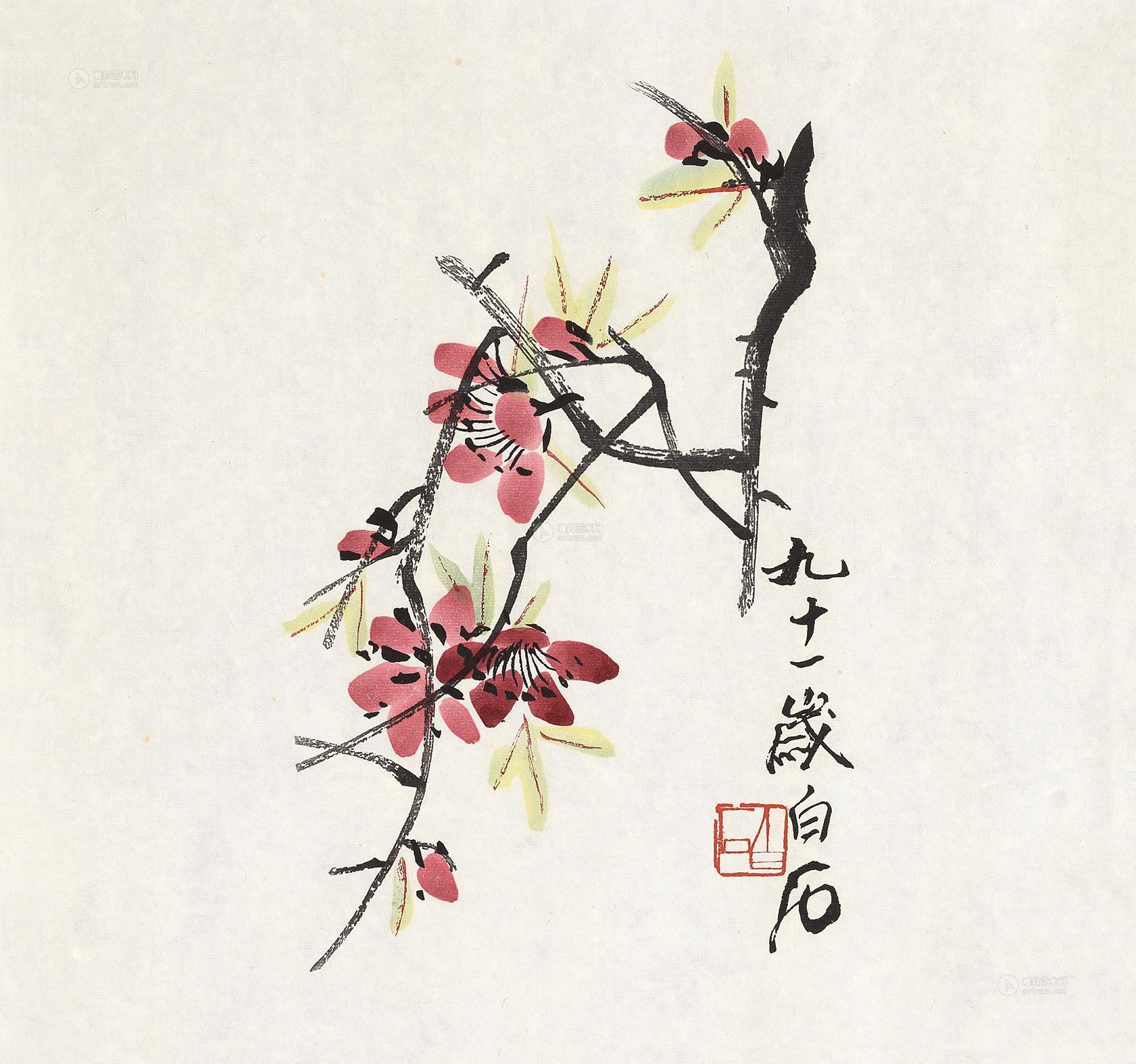 1614 齐白石木版水印 桃花 设色纸本