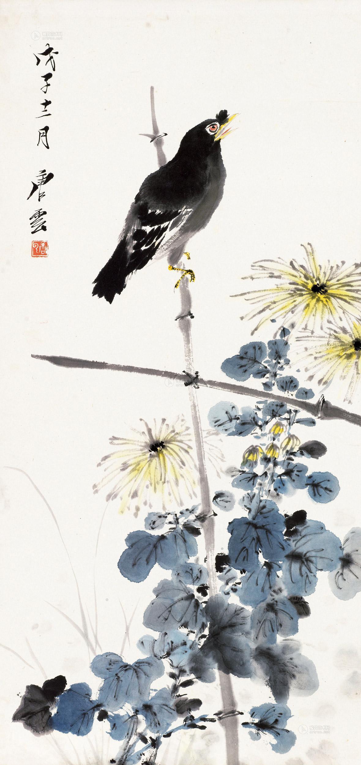 1061 1948年作 菊鸟图 立轴 设色纸本