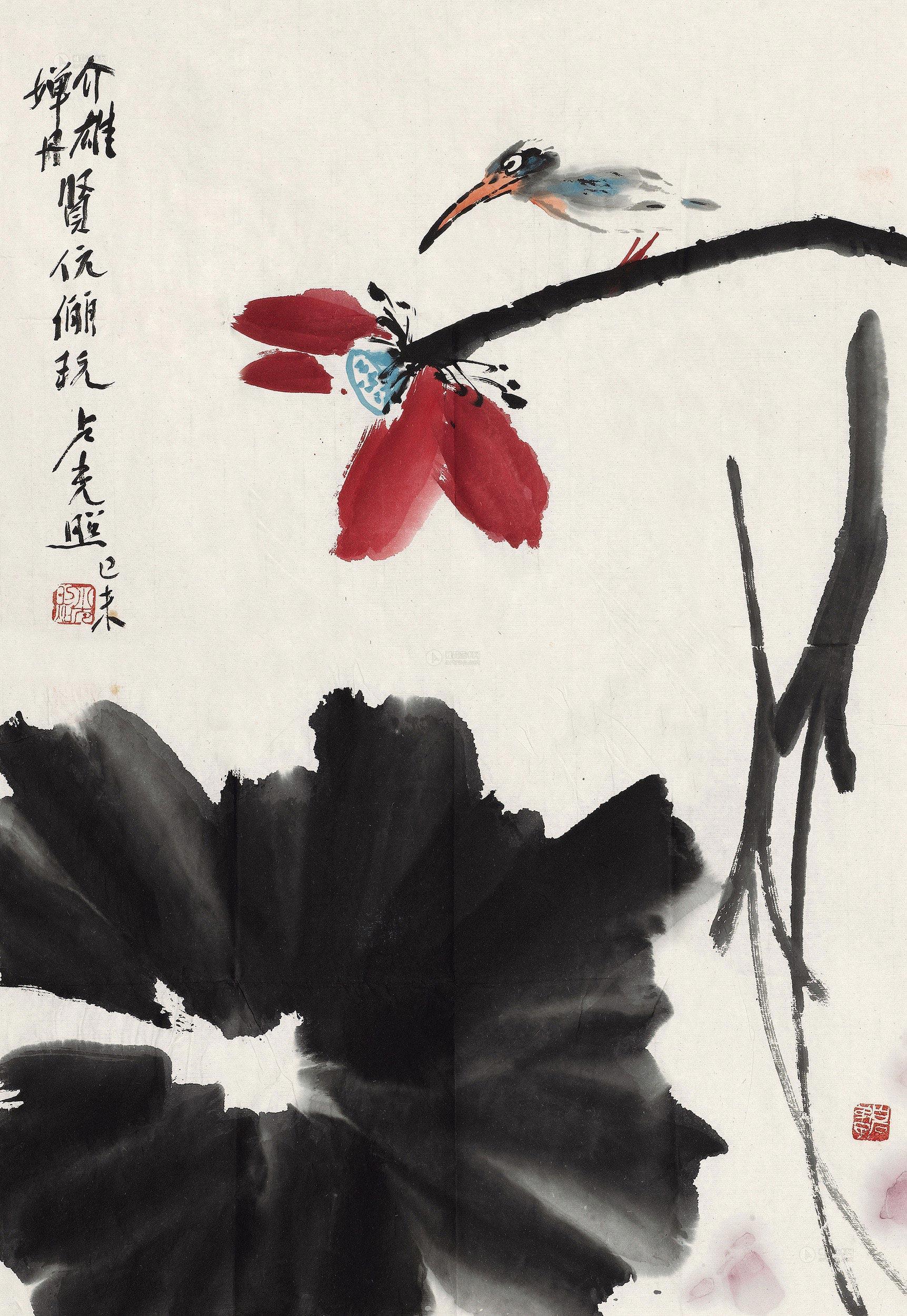 0514 荷花翠鸟 镜心 设色纸本