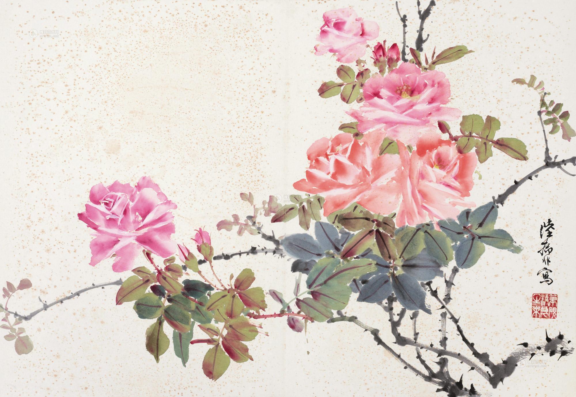 0447 月季花 镜心 纸本