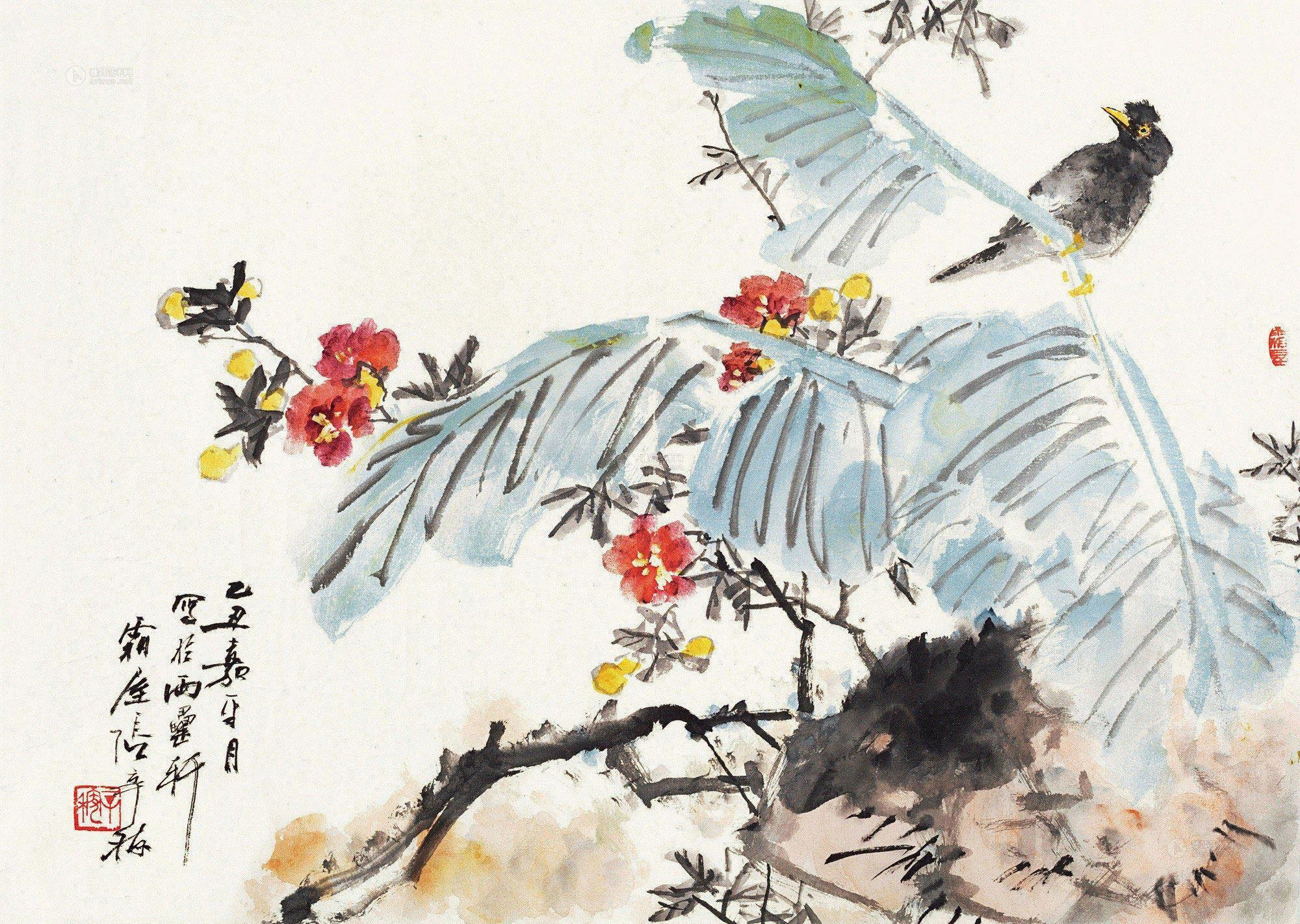 0396 乙丑(1985)年作 芭蕉鹩哥 镜片 设色纸本