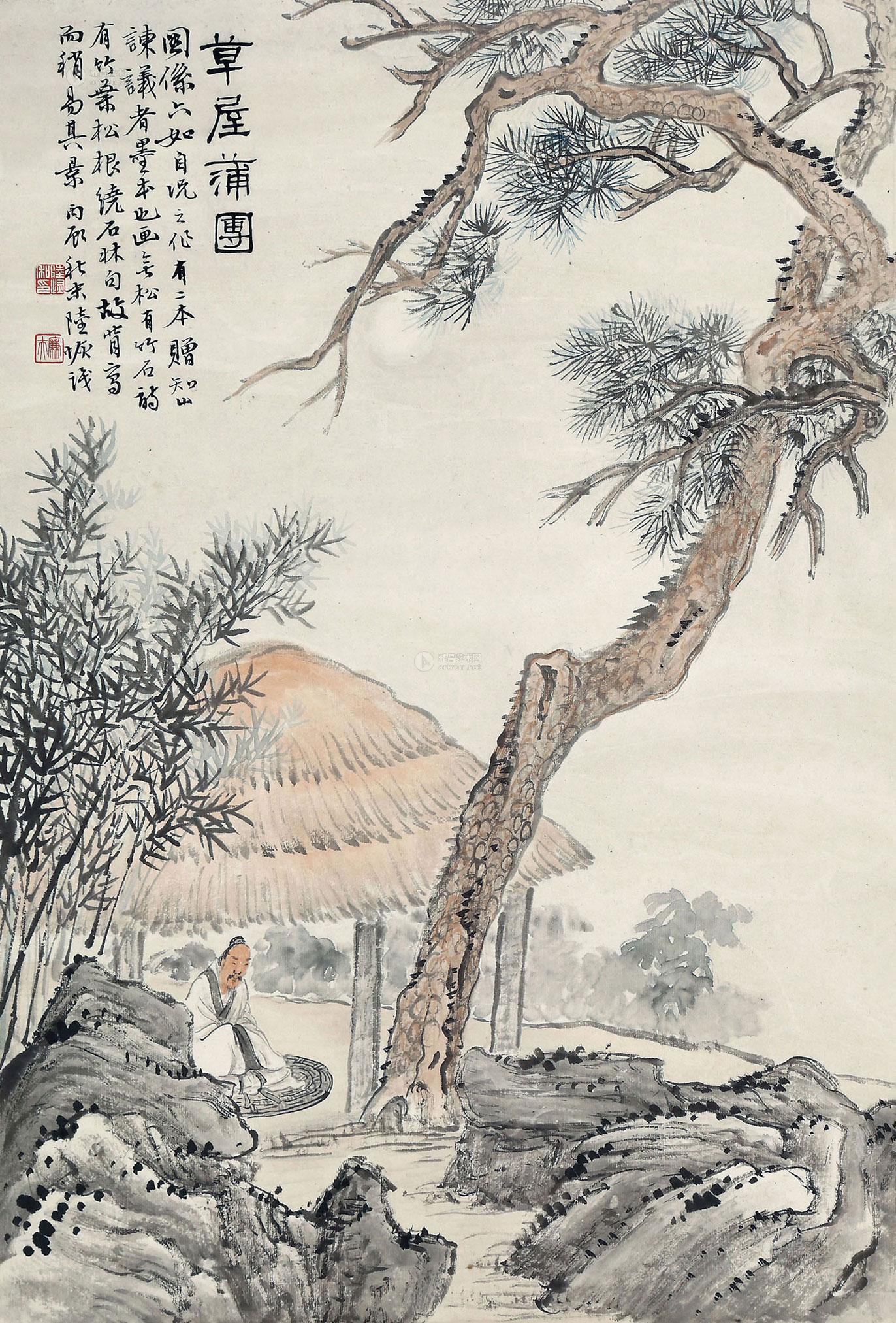 0739 1916年作 草屋蒲团 立轴 设色纸本