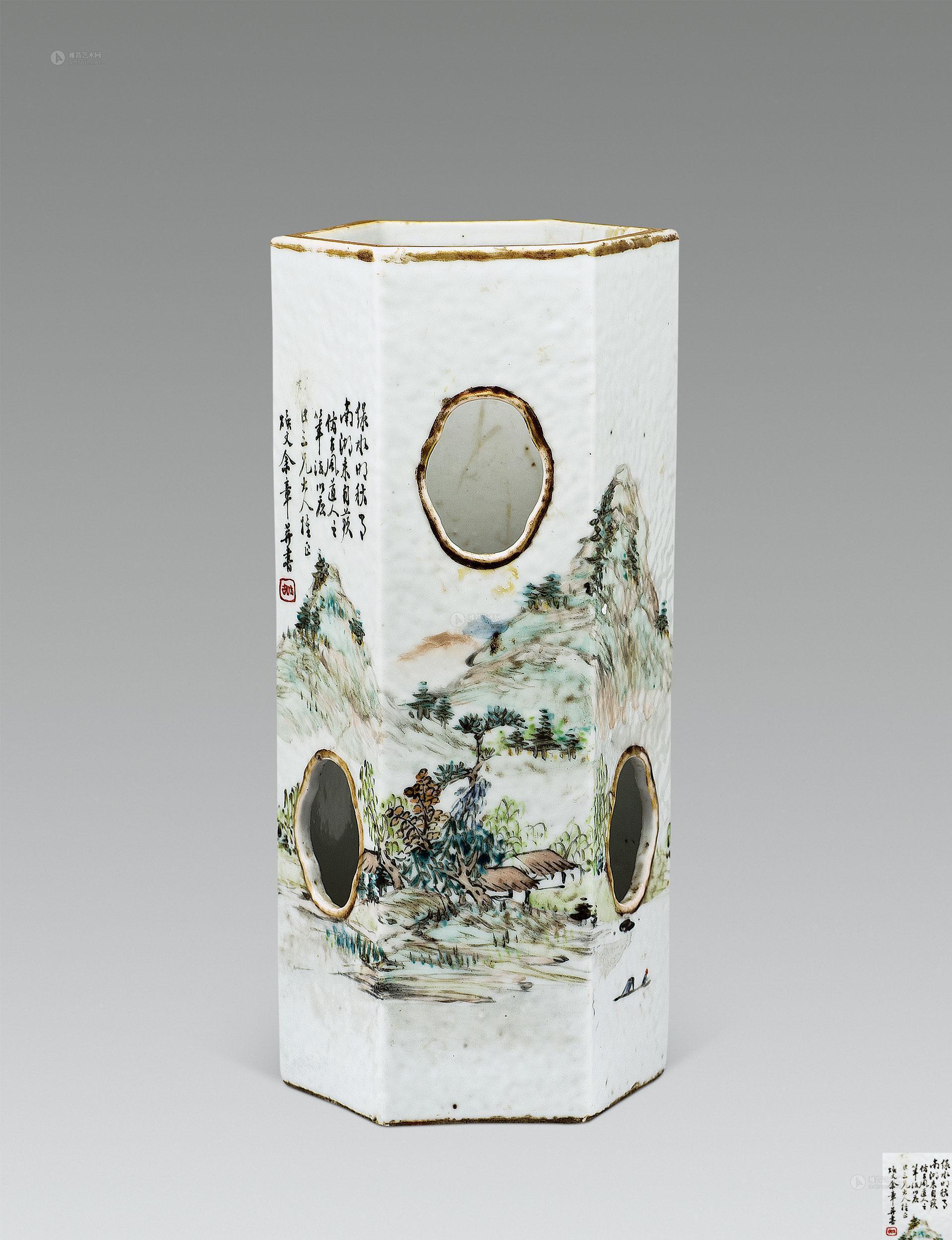 【清 余焕文 浅绛山水帽筒】拍卖品_图片_价格_鉴赏_清代其它彩釉瓷器