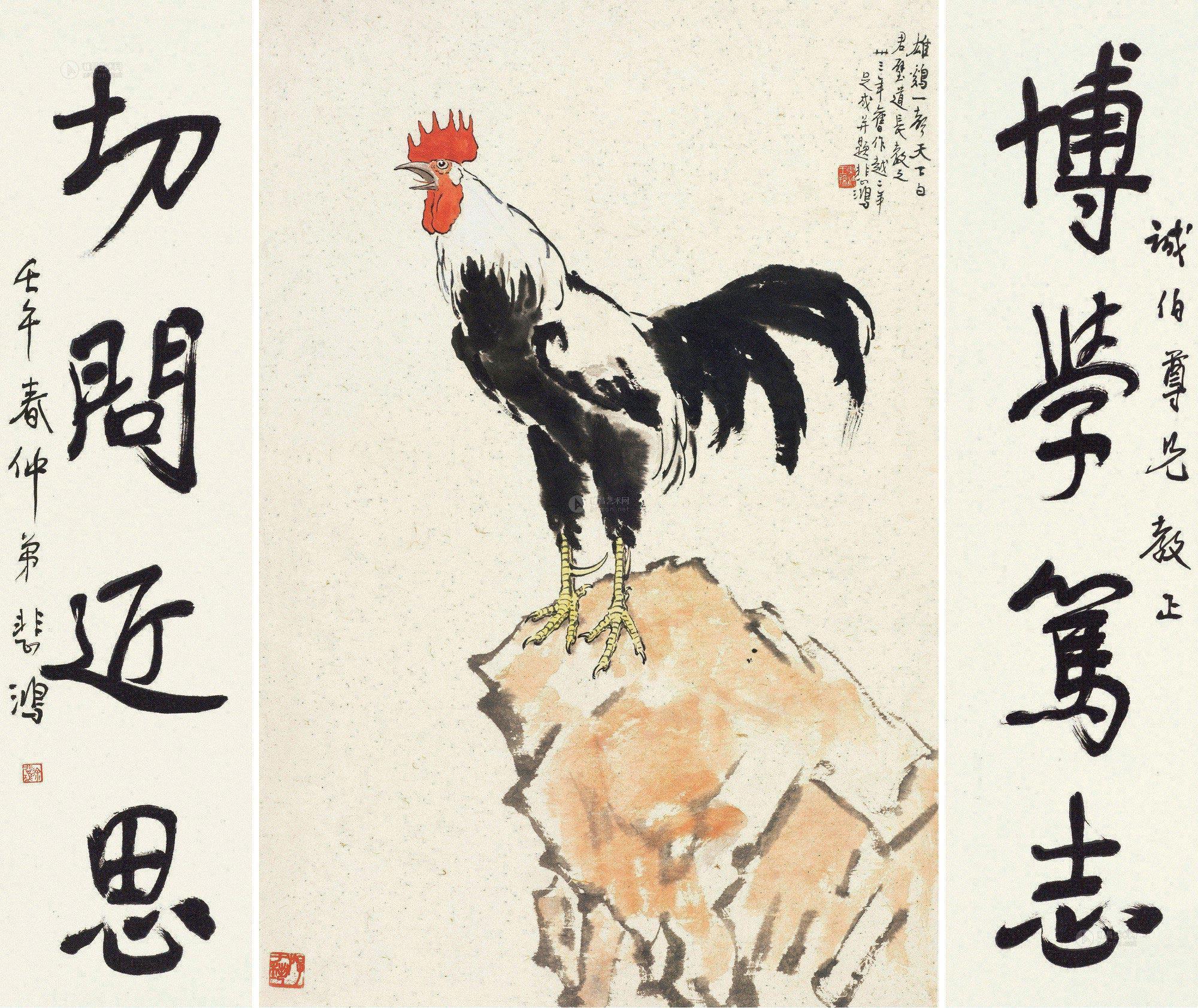 0339 1944年作;1942年作 雄鸡一声天下白 行书四言联 镜片 设色纸本