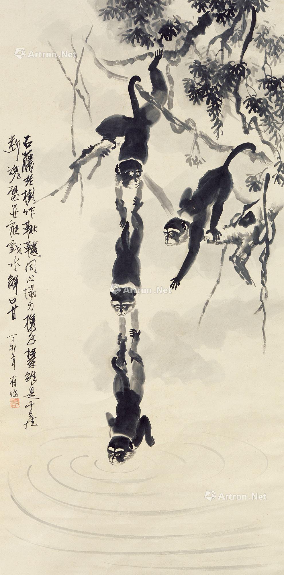 1875 猴子捞月图 立轴 水墨纸本