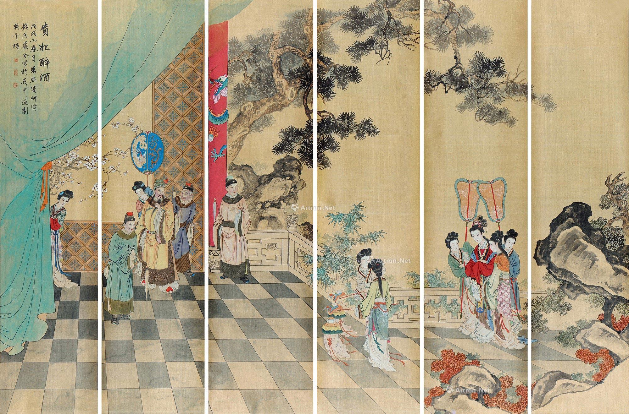 1335 贵妃醉酒 通景六屏 绢本