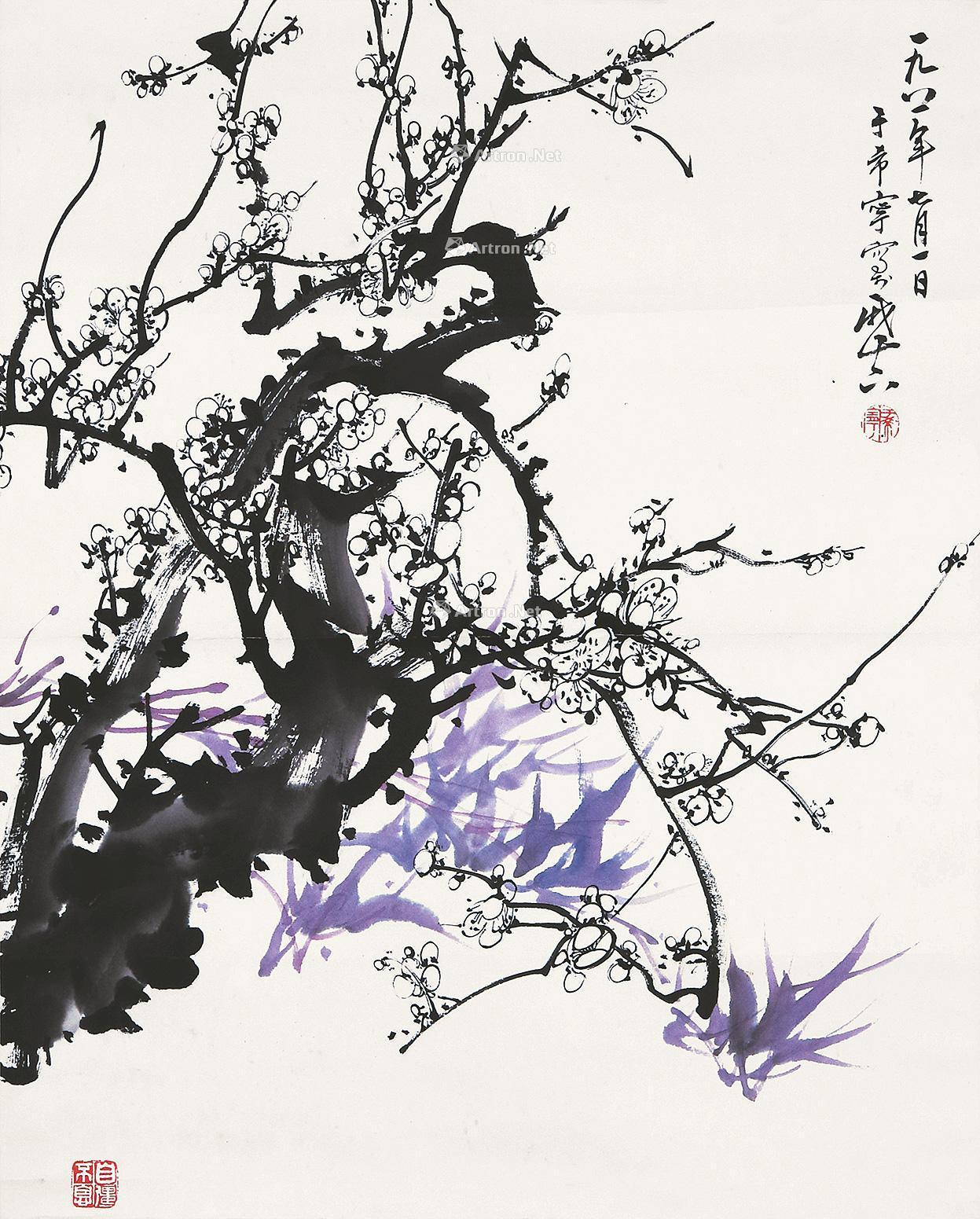 0285 双清图 立轴 设色纸本