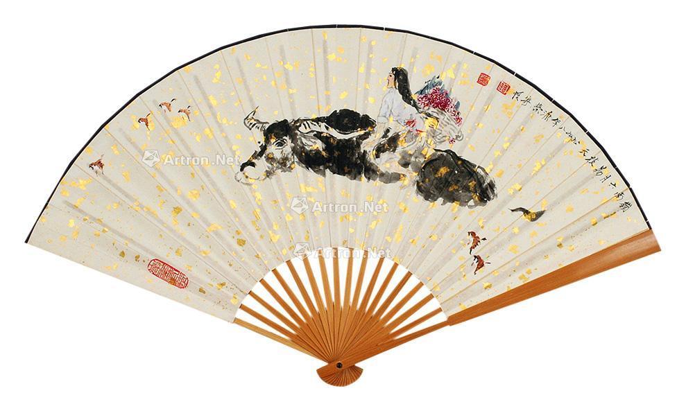 0094 牧牛图 扇面 设色纸本