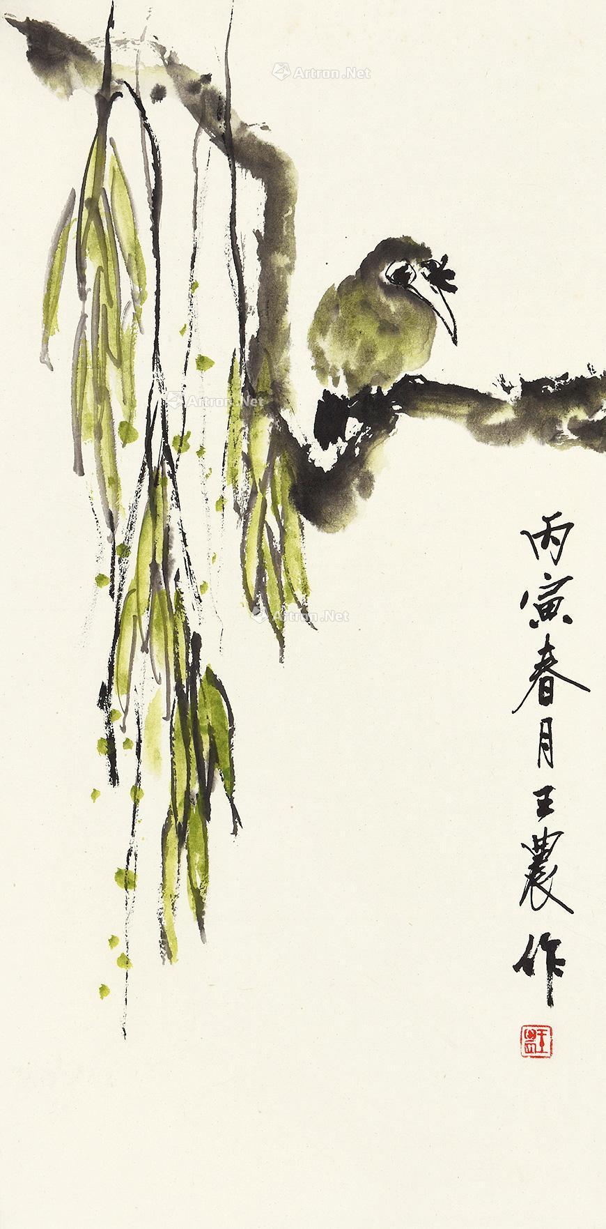 0513 柳枝小鸟 镜片 设色纸本