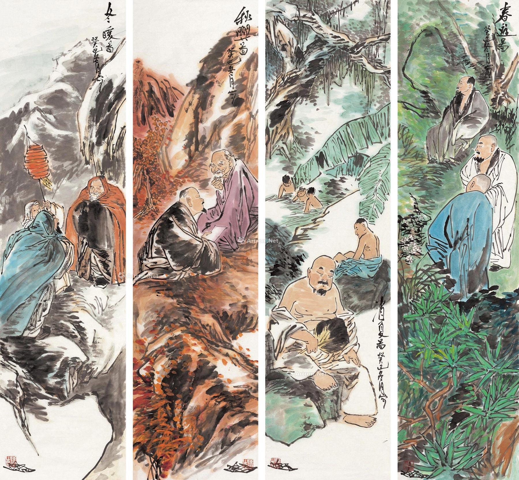 0619 2013年作 四季人物 四屏镜片 设色纸本