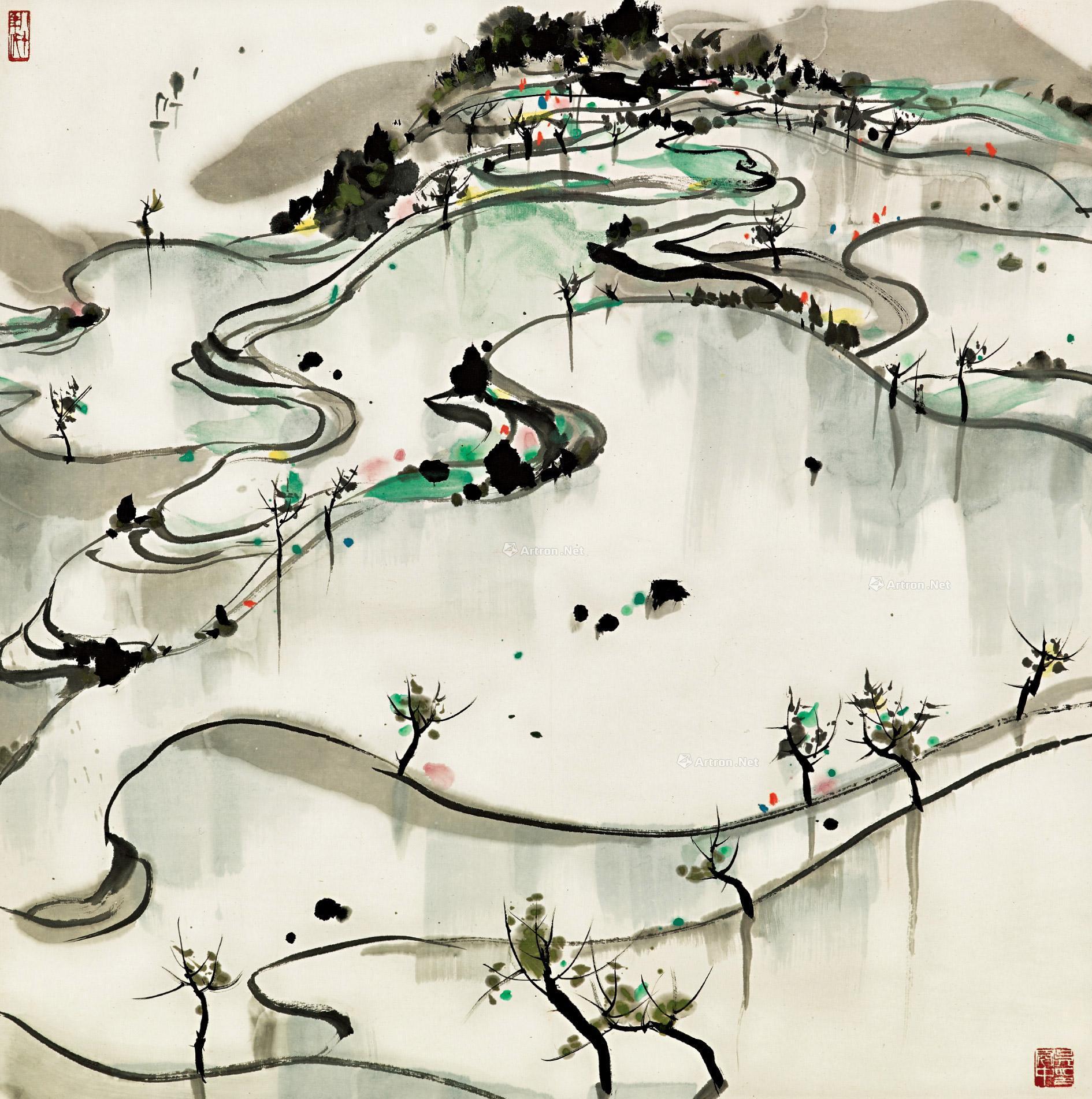 1200 梯田 立轴 设色纸本