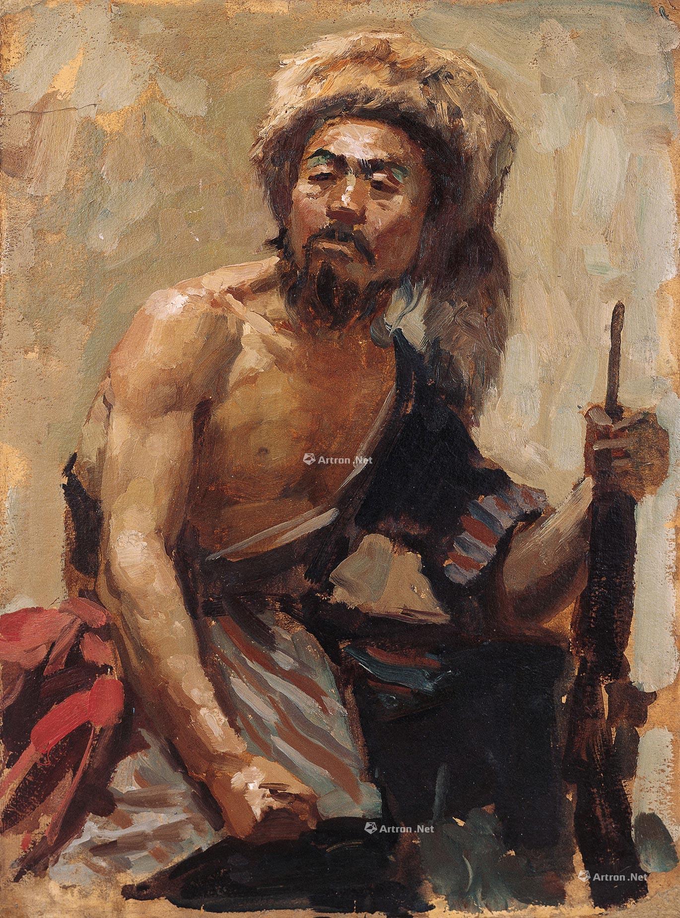 0911 20世纪50年代 老猎人 纸本 油彩