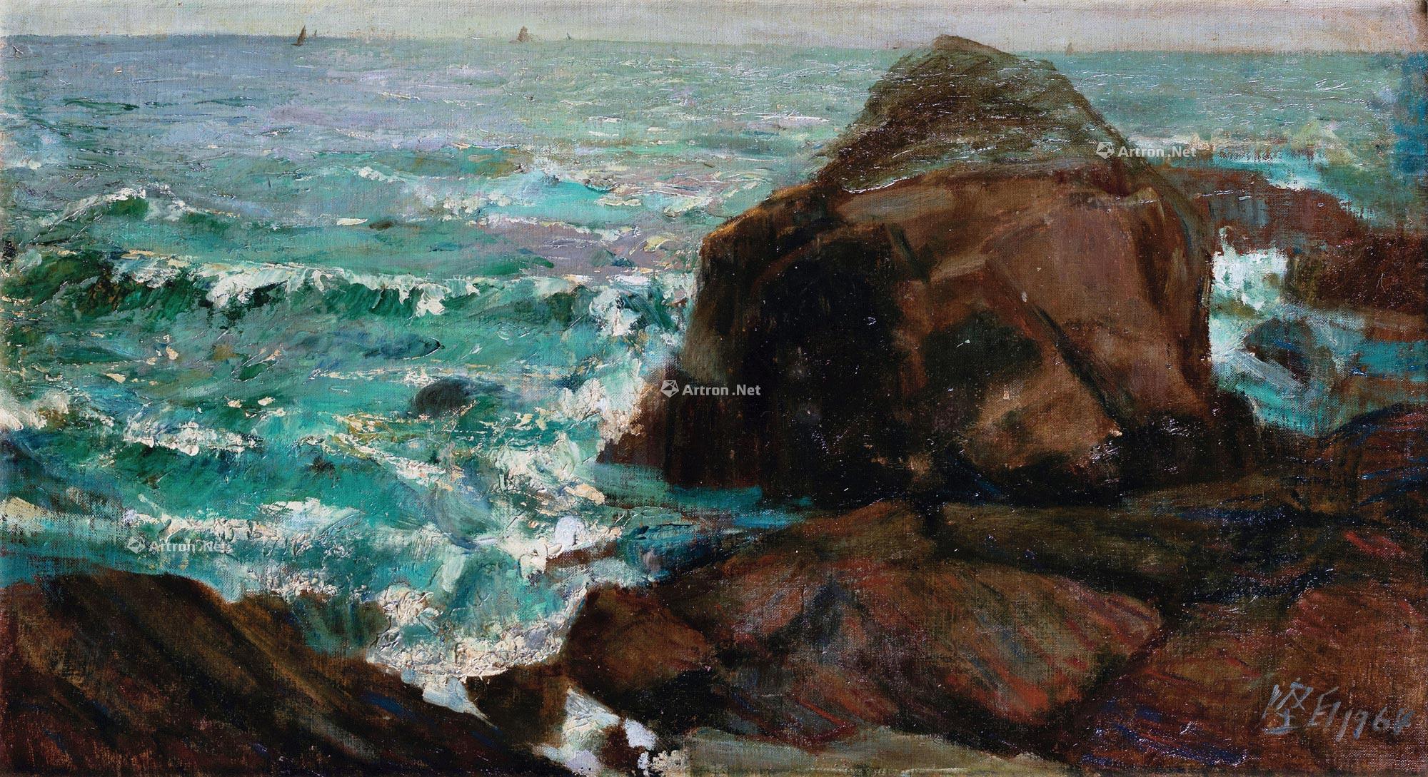 1335 1964年作 浪拍礁石 布面 油画