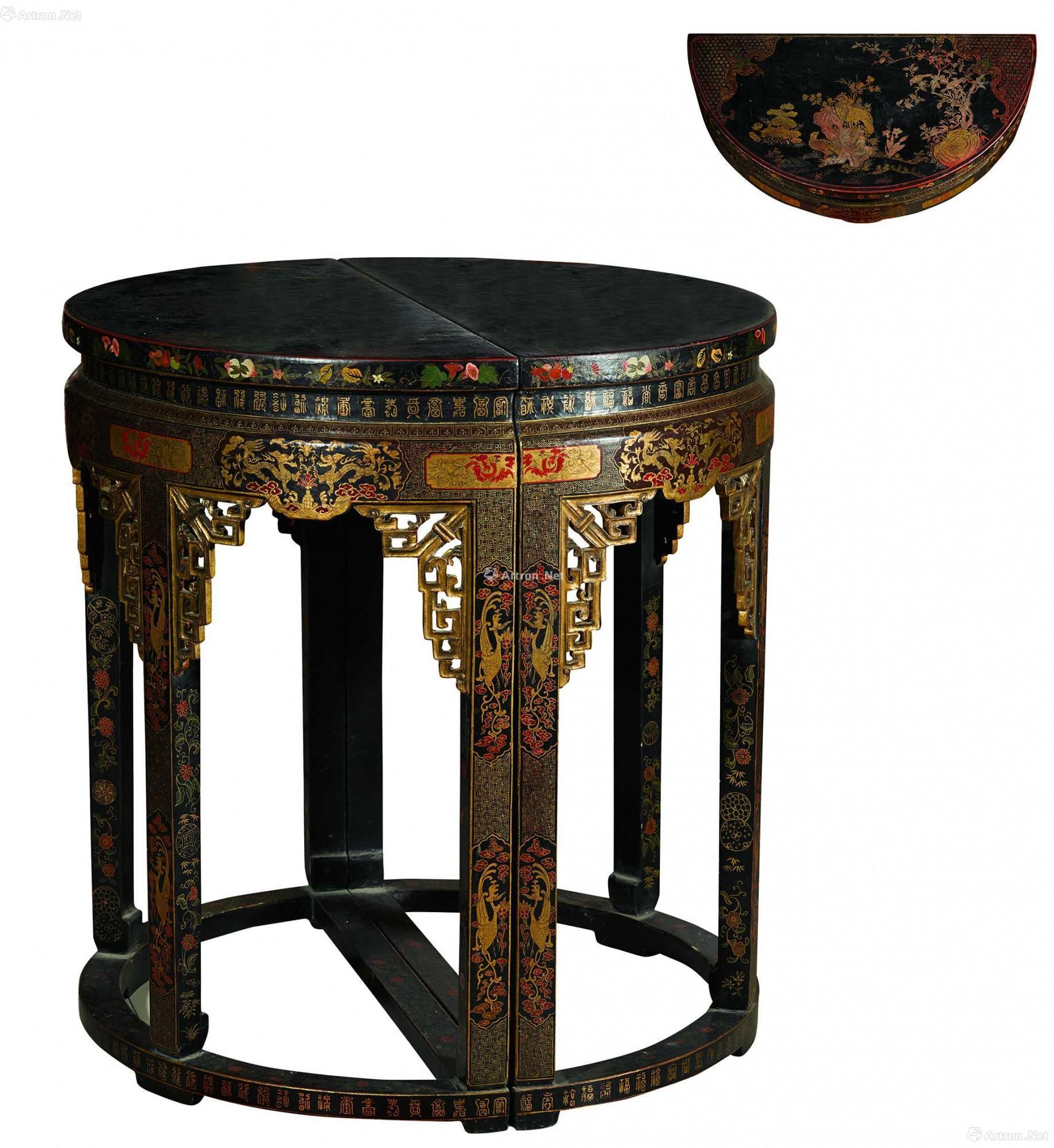 【清 黑漆描金百寿花鸟半圆桌】拍卖品_图片_价格_鉴赏_古典家具_雅昌