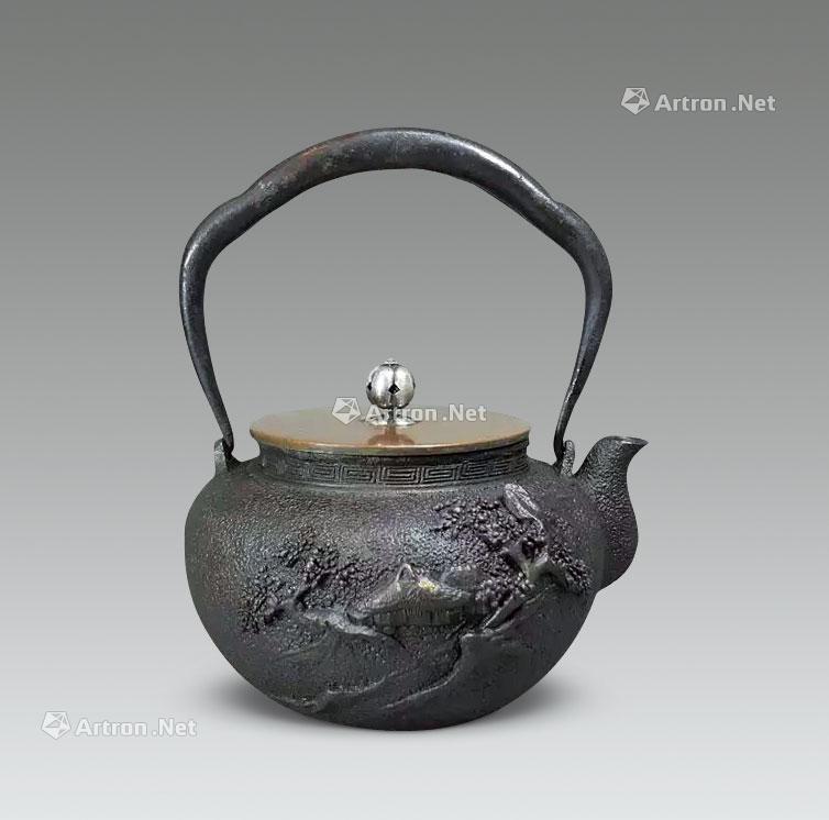 0262 明治时期 松荣堂造 银钮摘 梅山人家 脱蜡老铁壶