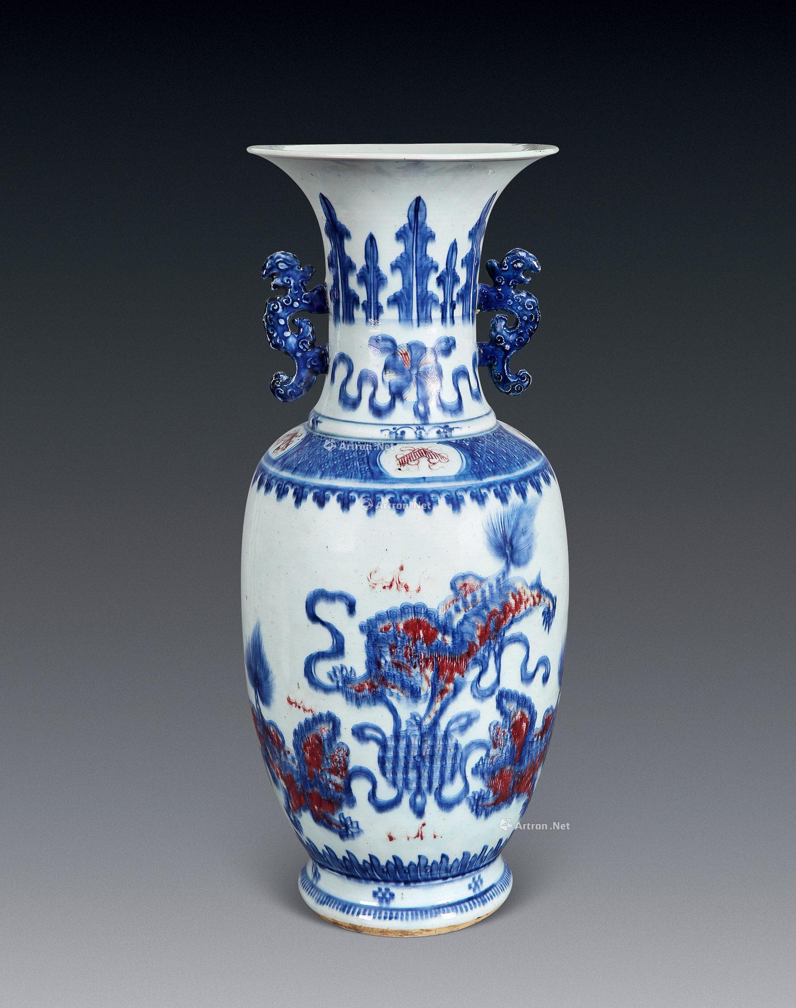 【乾隆 青花釉里红狮纹双耳瓶】拍卖品_图片_价格_鉴赏_清代青花釉里