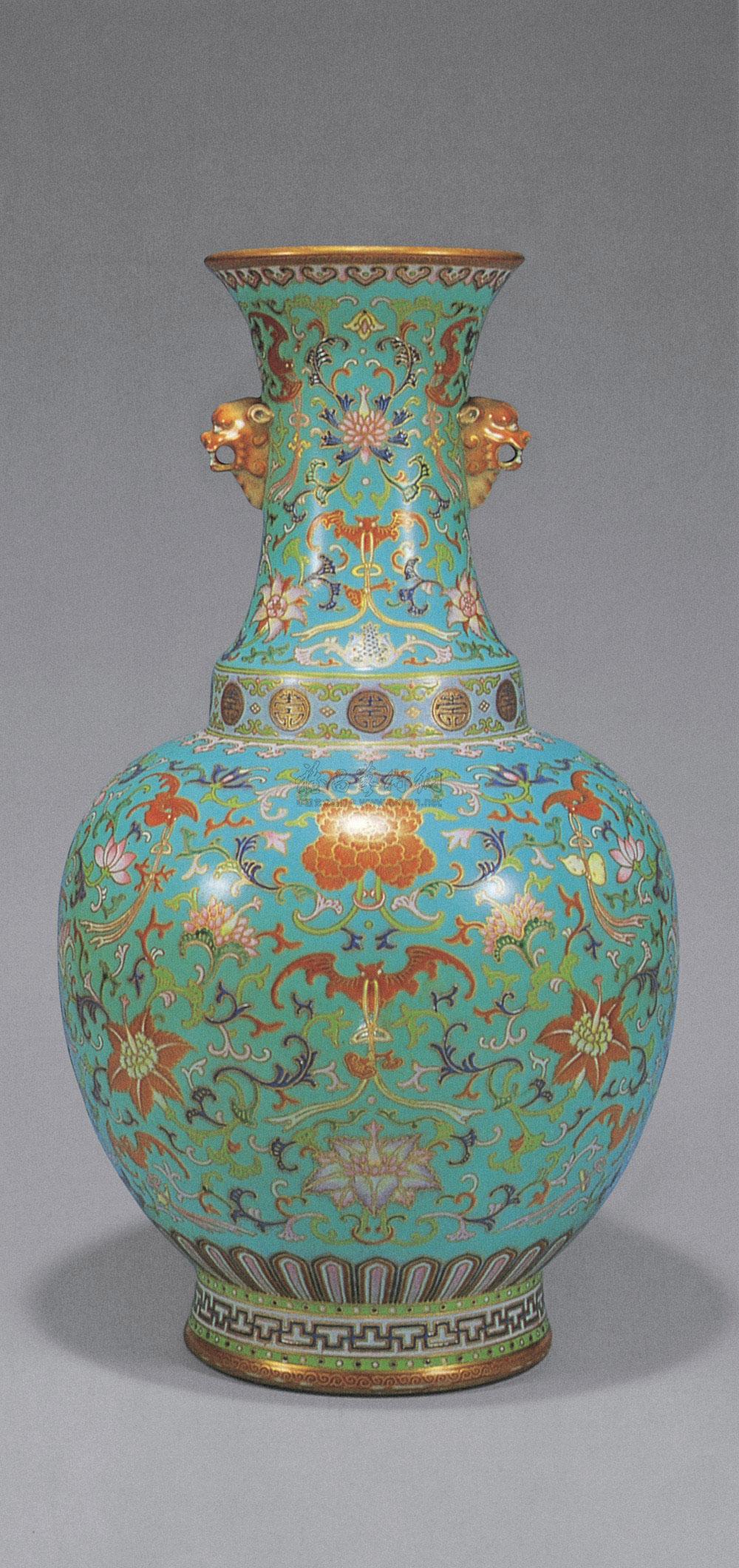 孔雀蓝地粉彩花蝠纹瓶】拍卖品_图片_价格_鉴赏_清代粉彩瓷器_雅昌
