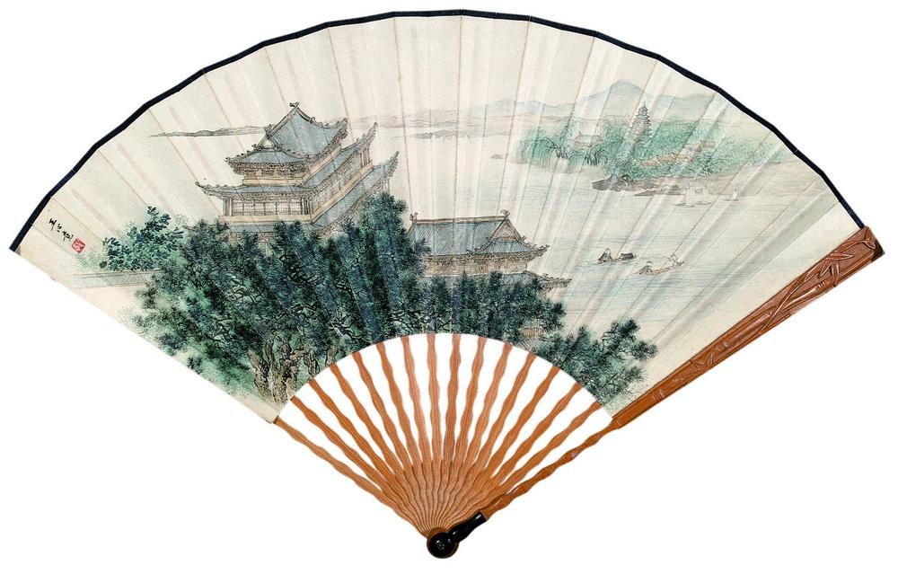 0488 滕王阁 成扇 设色纸本