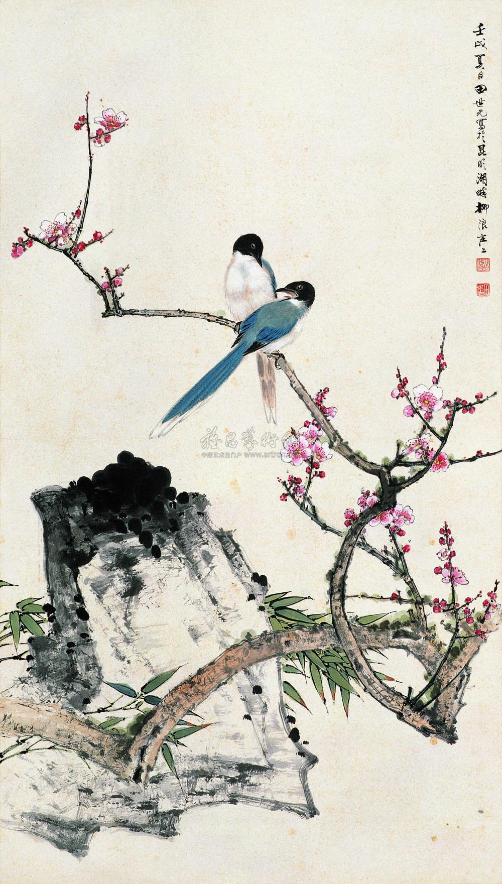 0736 壬戌(1982年)作 梅鹊竹石图 立轴 设色纸本
