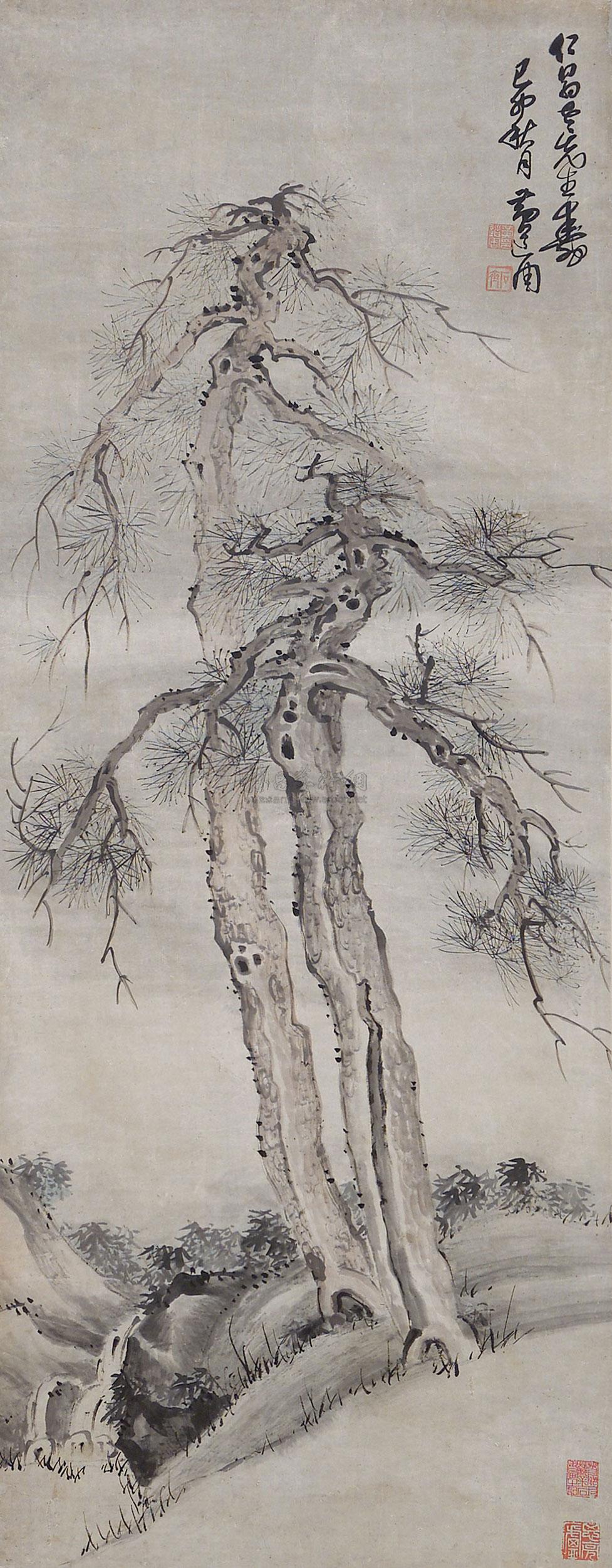 0062 双松平远图 立轴 设色水墨纸本