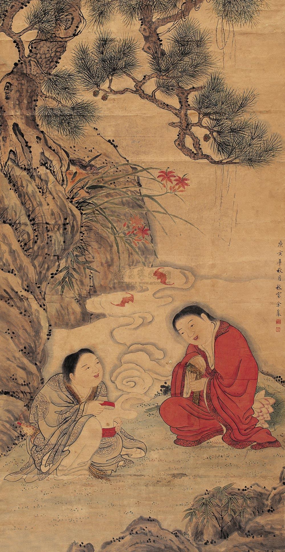 0322 庚寅(1770年)作 和合二仙 立轴 设色纸本