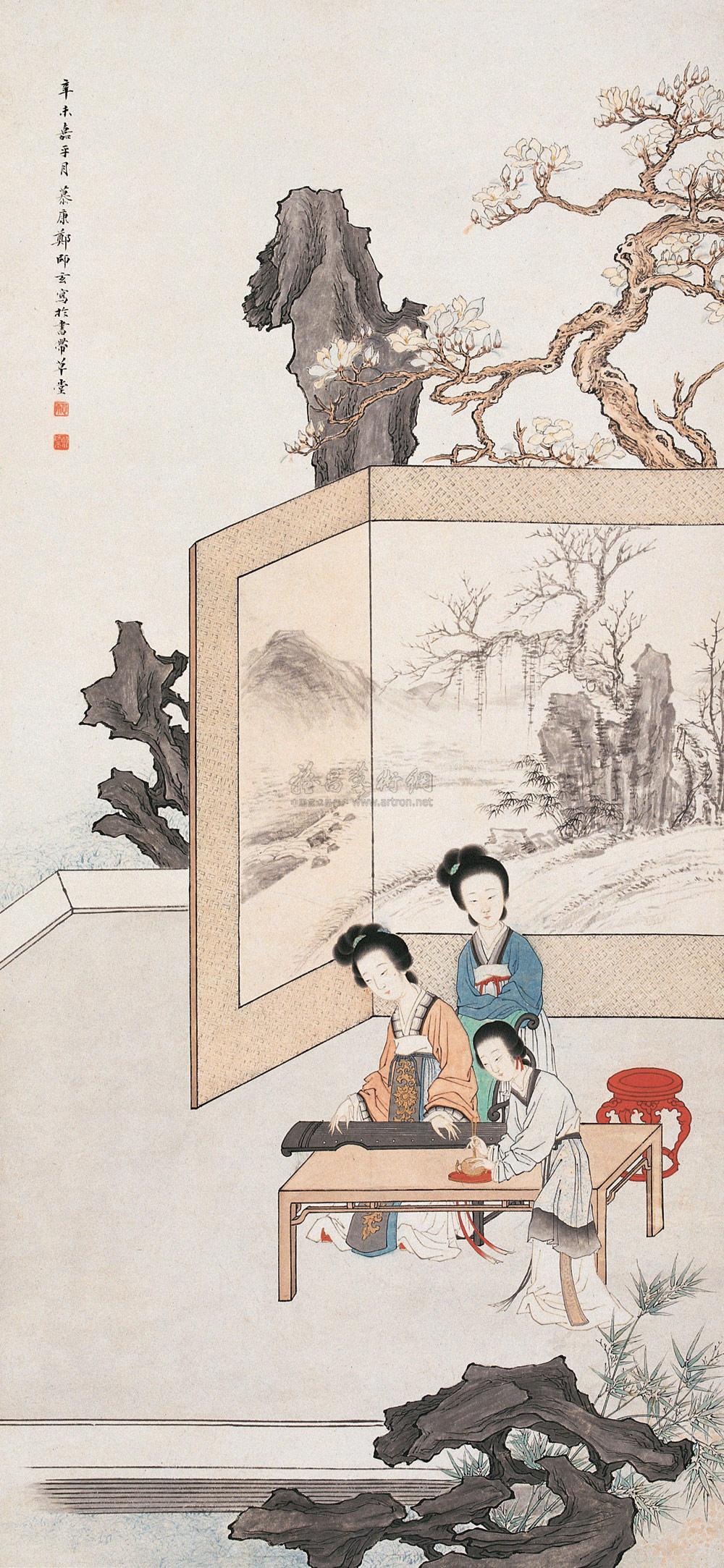 1087 辛未(1931)年作 焚香抚琴 立轴 设色纸本