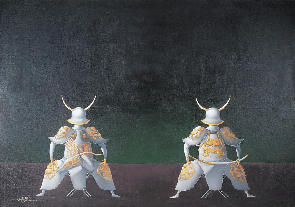 1818 2002年作 戴兽角头盔的两个武士 布面油画