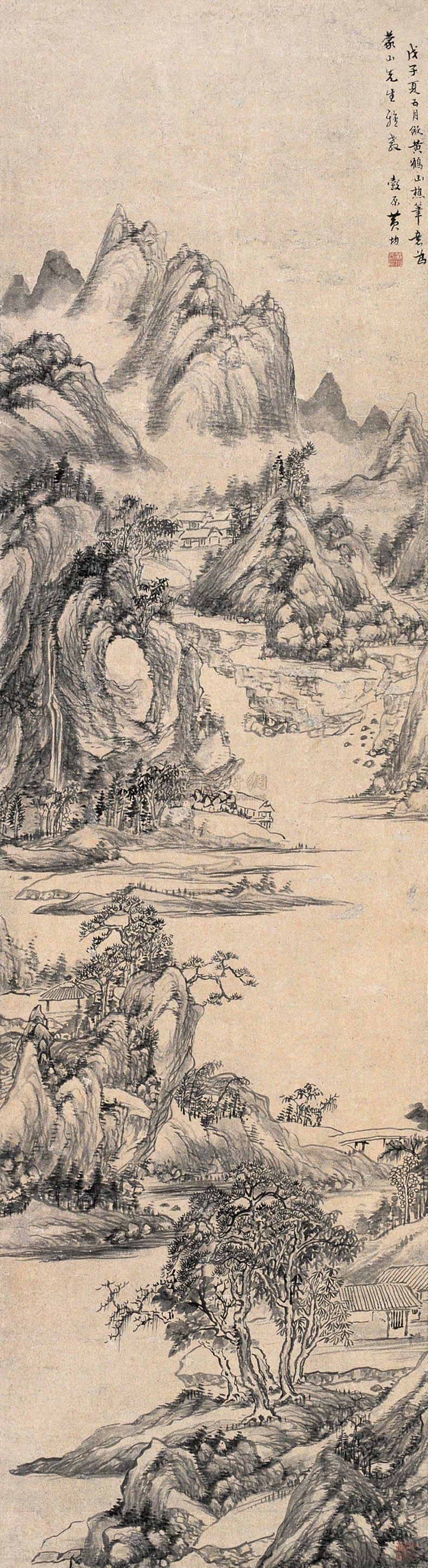 0694 1828年作 仿黄鹤山樵山水 立轴 水墨笺本