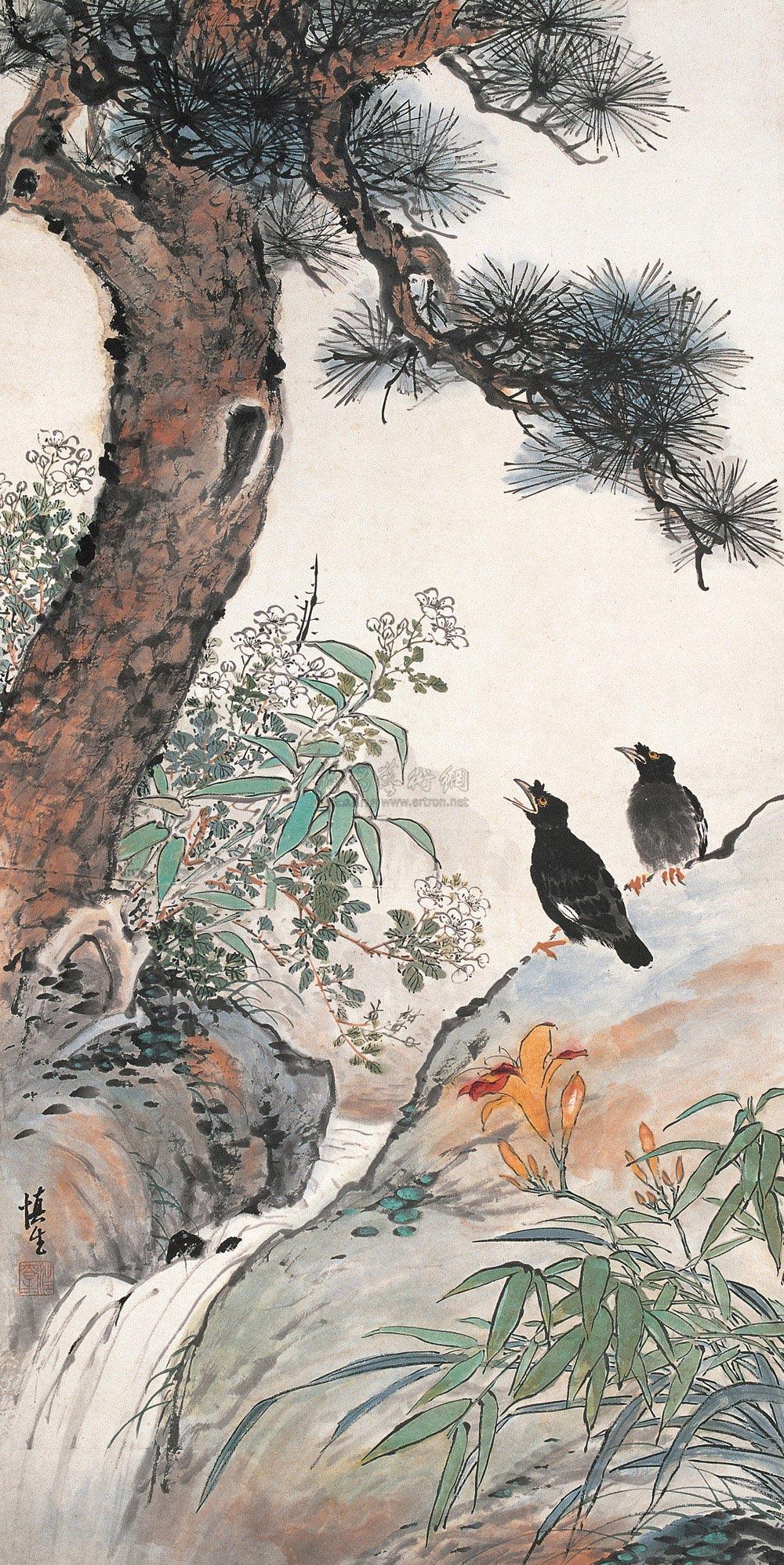 0512 八哥老松 立轴 设色纸本