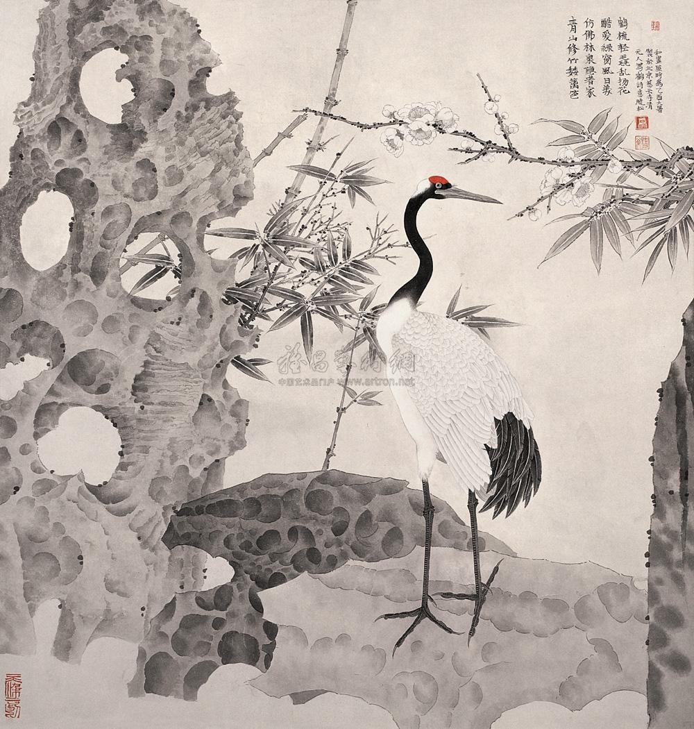 2153 2005年作 竹鹤图 镜心 设色纸本