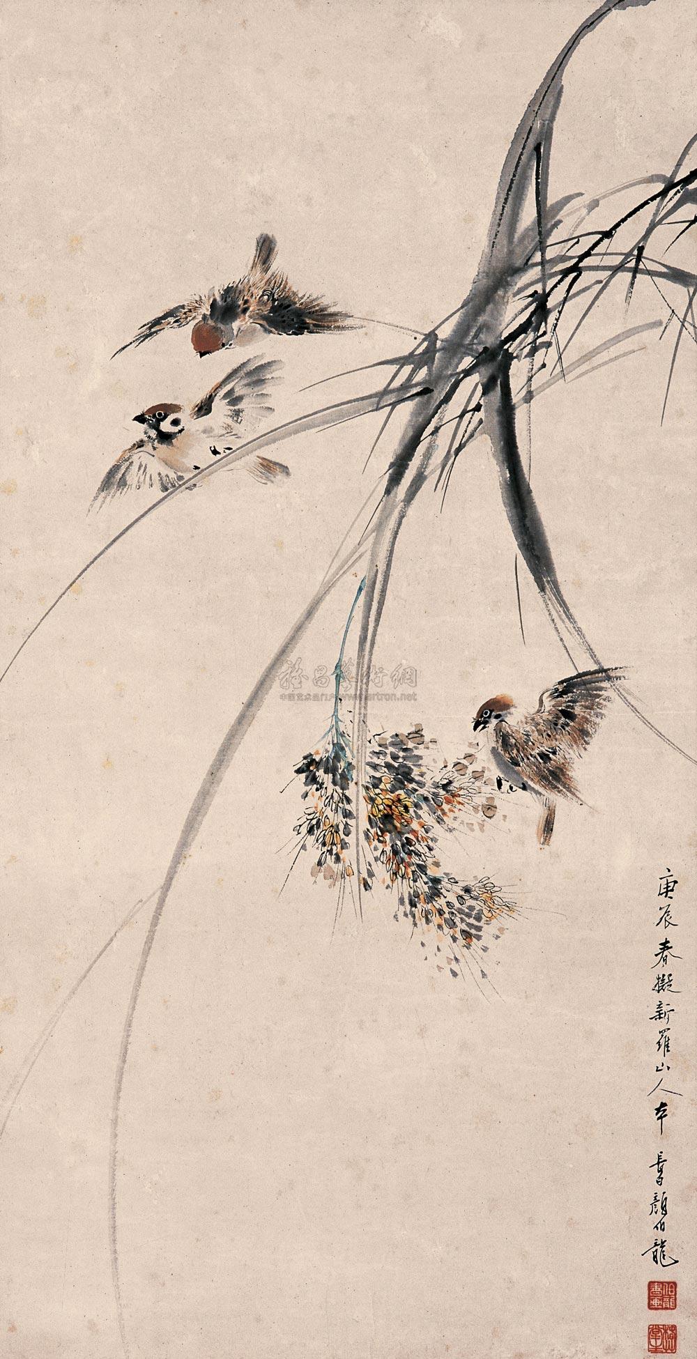 【庚辰(1940)年作 稻花飞雀 立轴 设色纸本】拍卖