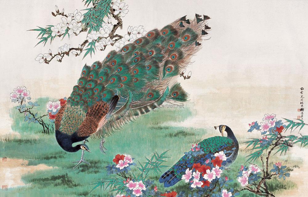 1663 花卉孔雀 镜心 设色纸本