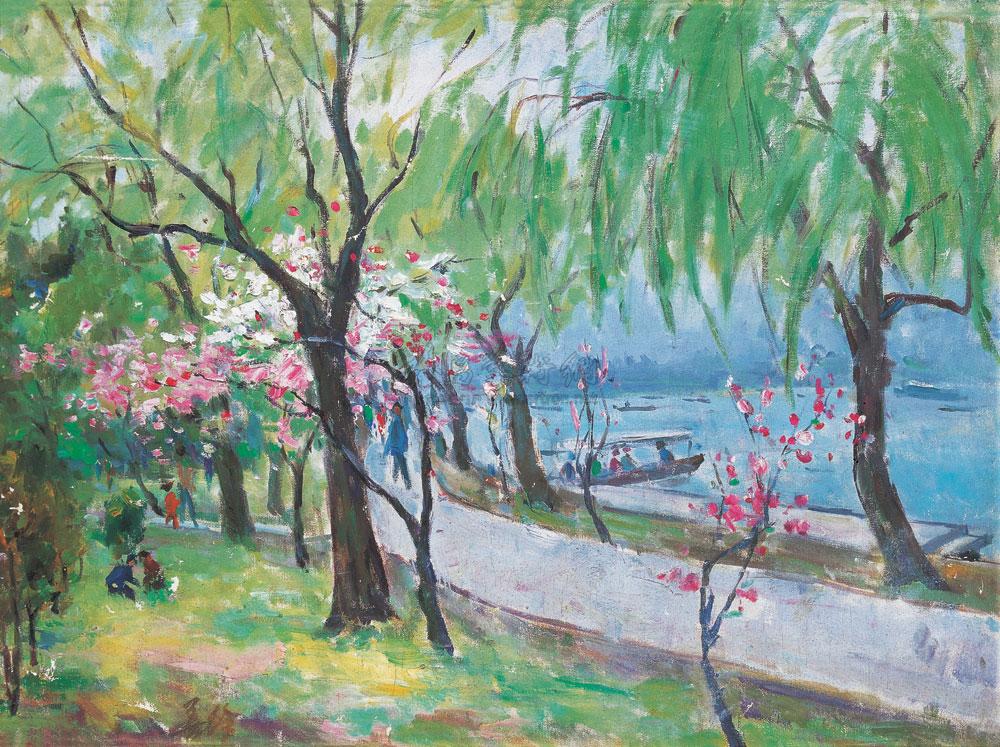 西湖之春油画图片