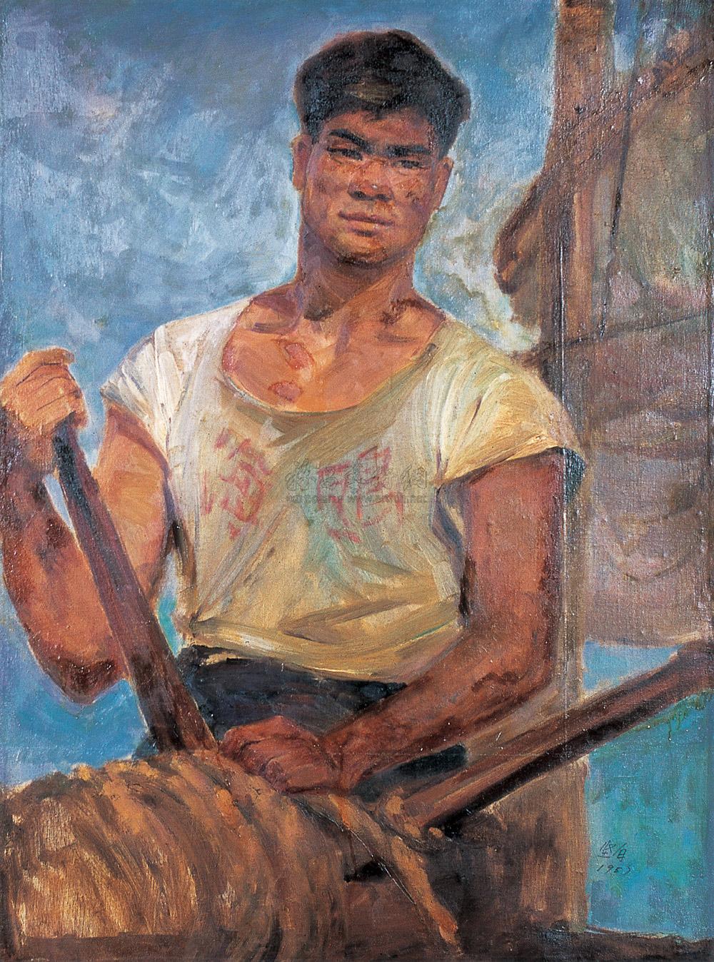 0114 1957年作 绞车前的渔夫 布面 油画