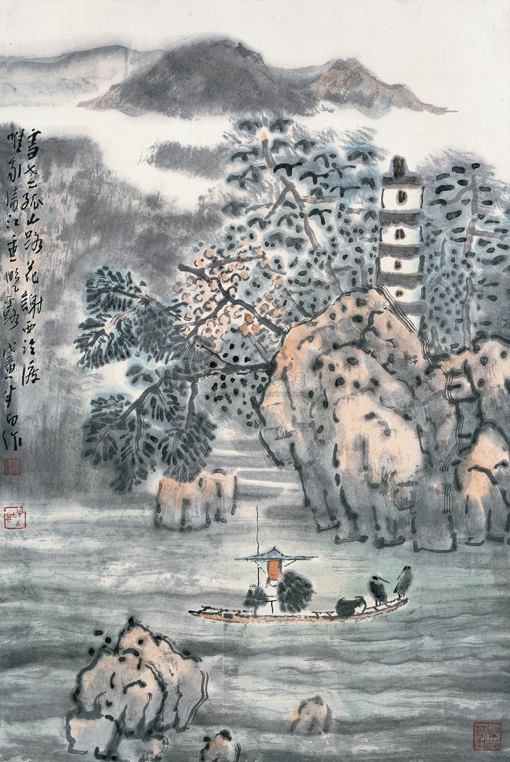 0543 渔翁独钓 立轴 设色纸本