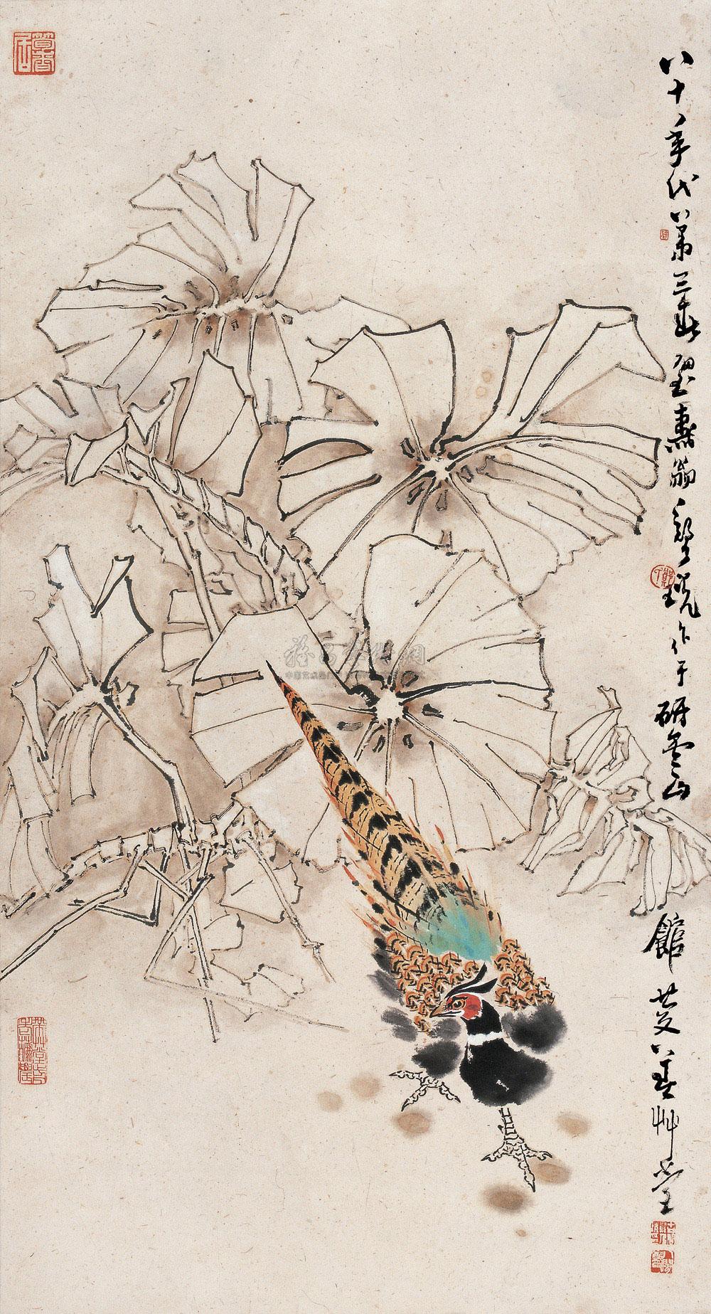 1965 1983年作 龟背竹锦鸡 立轴 纸本