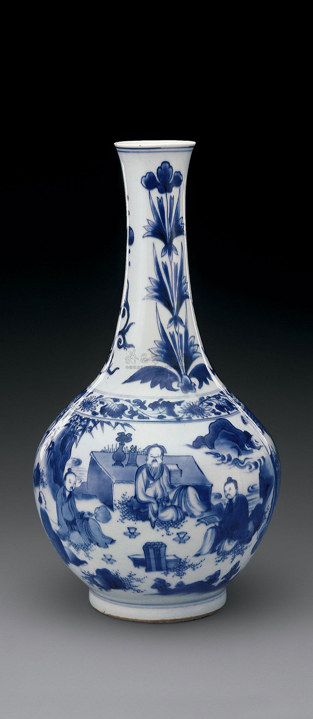 【明崇祯 青花竹林人物长颈瓶】拍卖品_图片_价格_鉴赏_明代青花瓷器